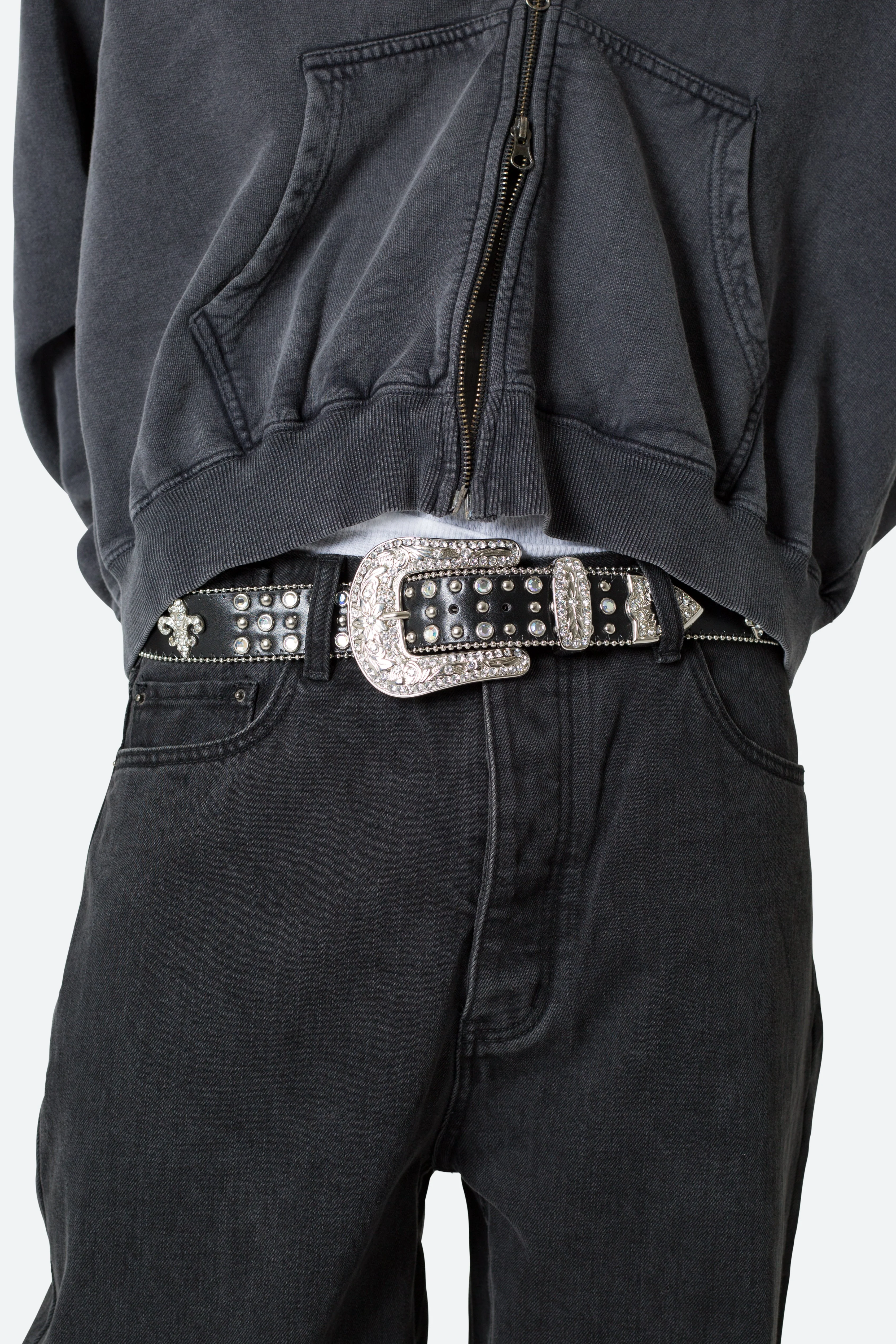 Fleur Studded Rhinestone Belt - Black