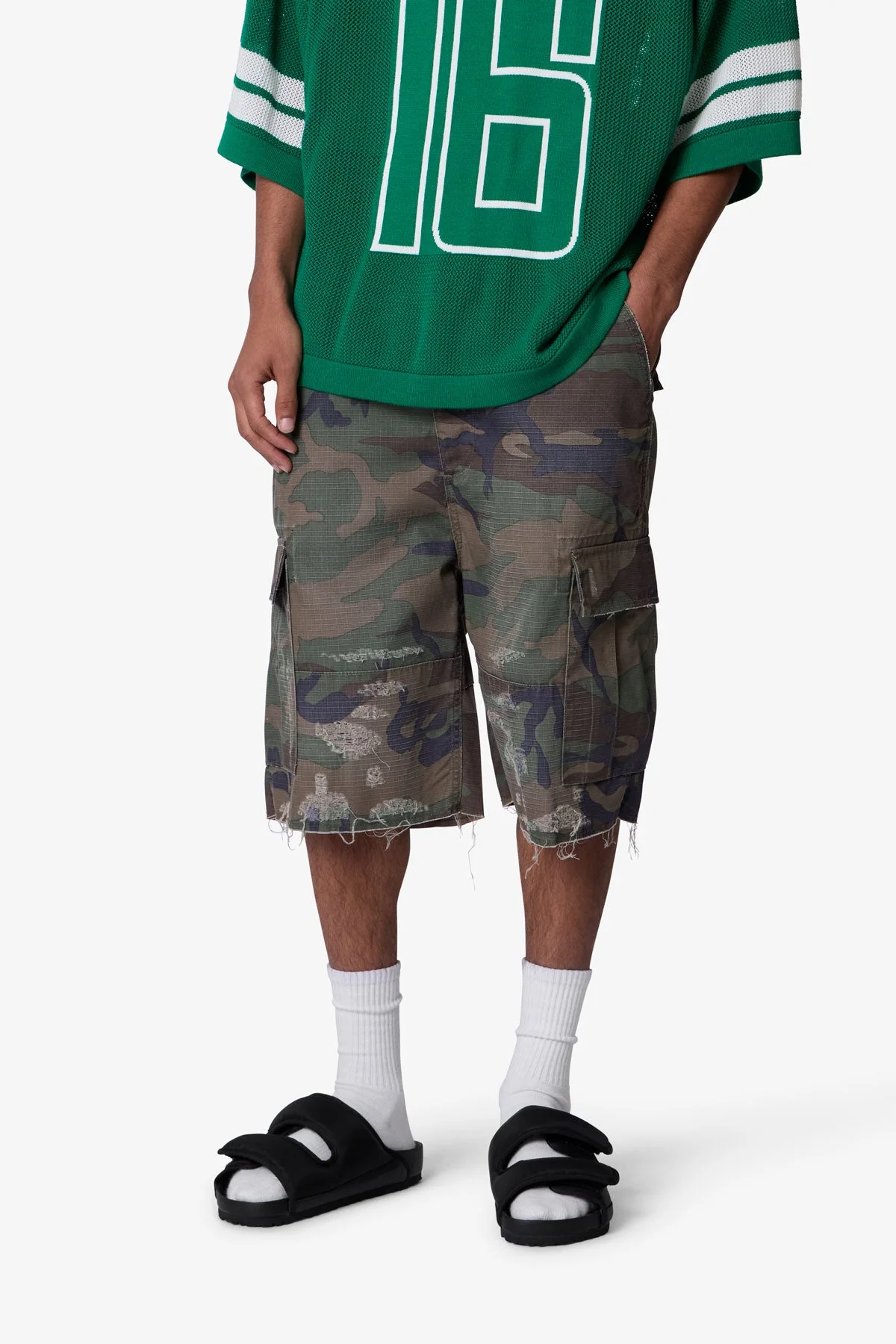 Baggy Distressed Cargo Shorts - Washed Camo