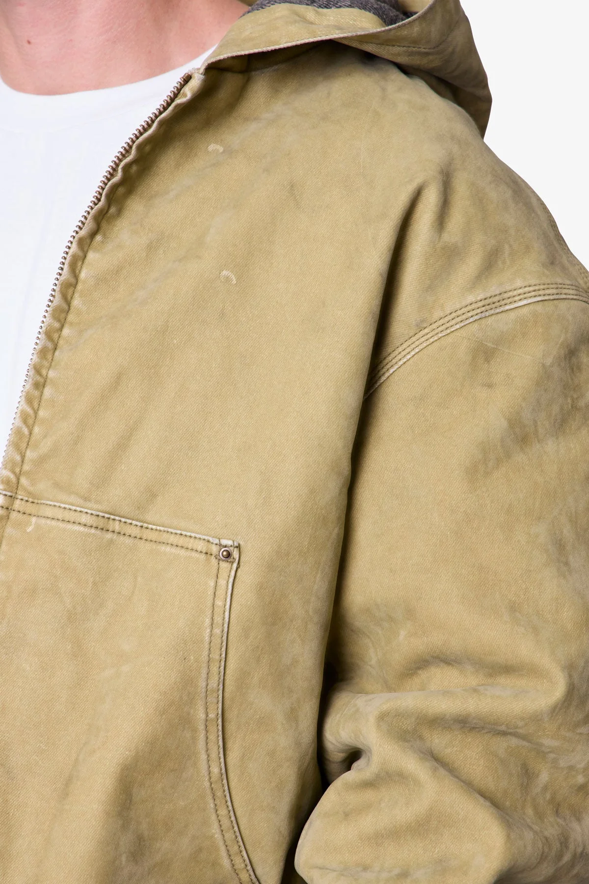 Flocked Hooded Zip Up Work Jacket - Tan