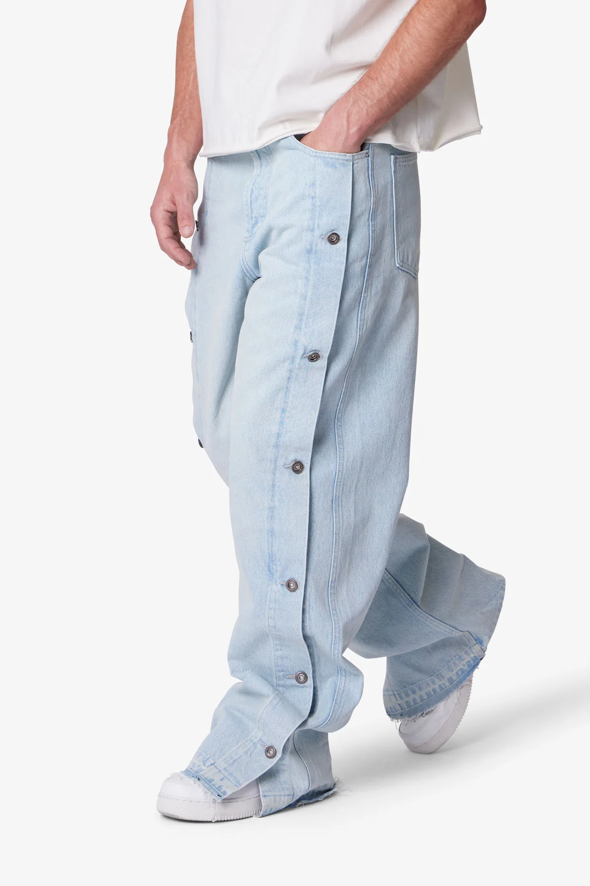 Ultra Baggy Offset Button Denim - Light Blue