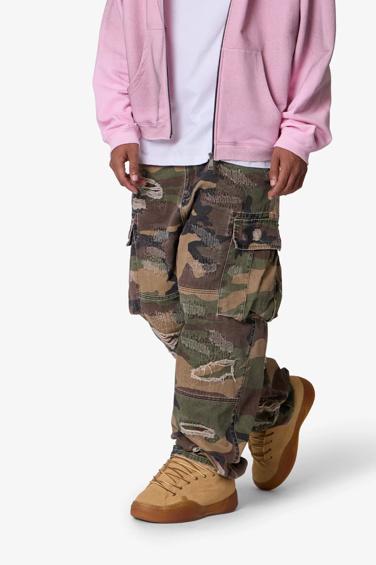 Ultra Baggy Distressed Cargo Pants - Woodland Camo