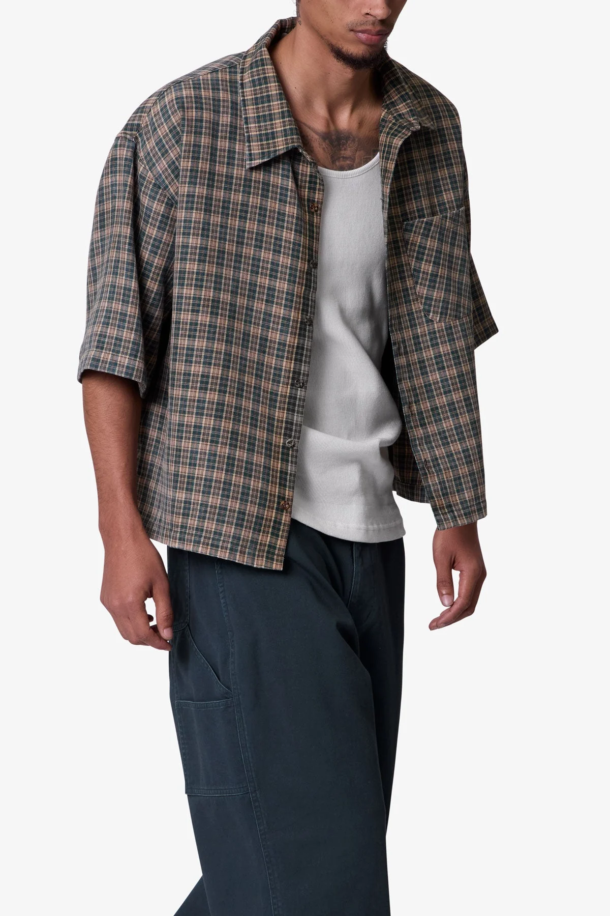 Washed Poplin Over Shirt - Green/Brown