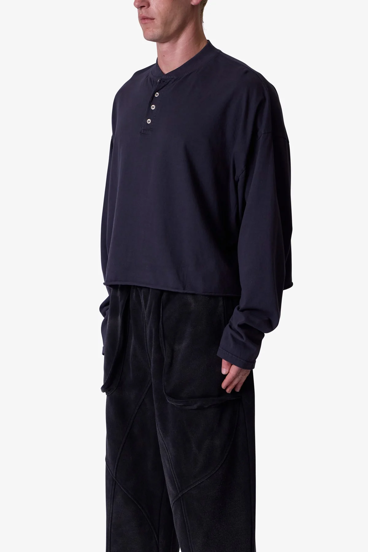 Button Fastened Oversized L/S Tee - Washed Black