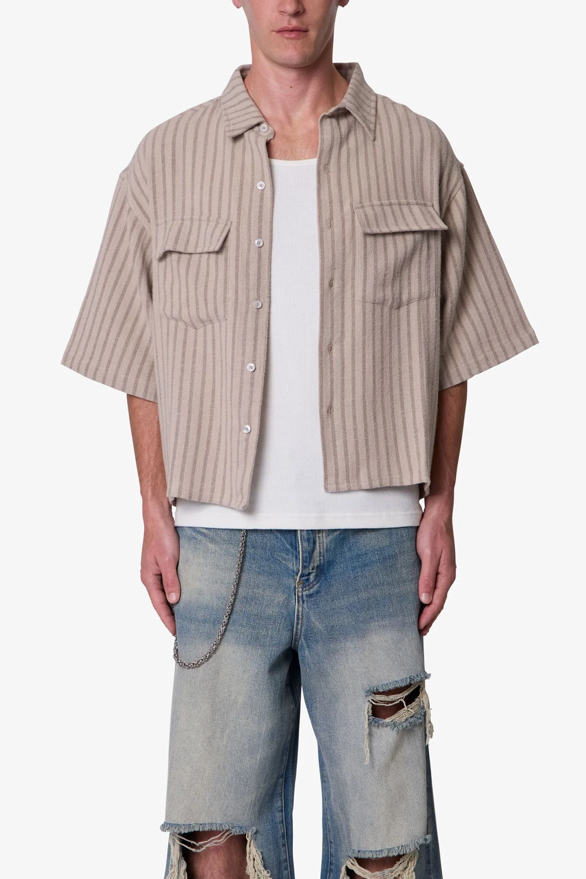 Cropped Boxy Striped S/S Shirt - Khaki