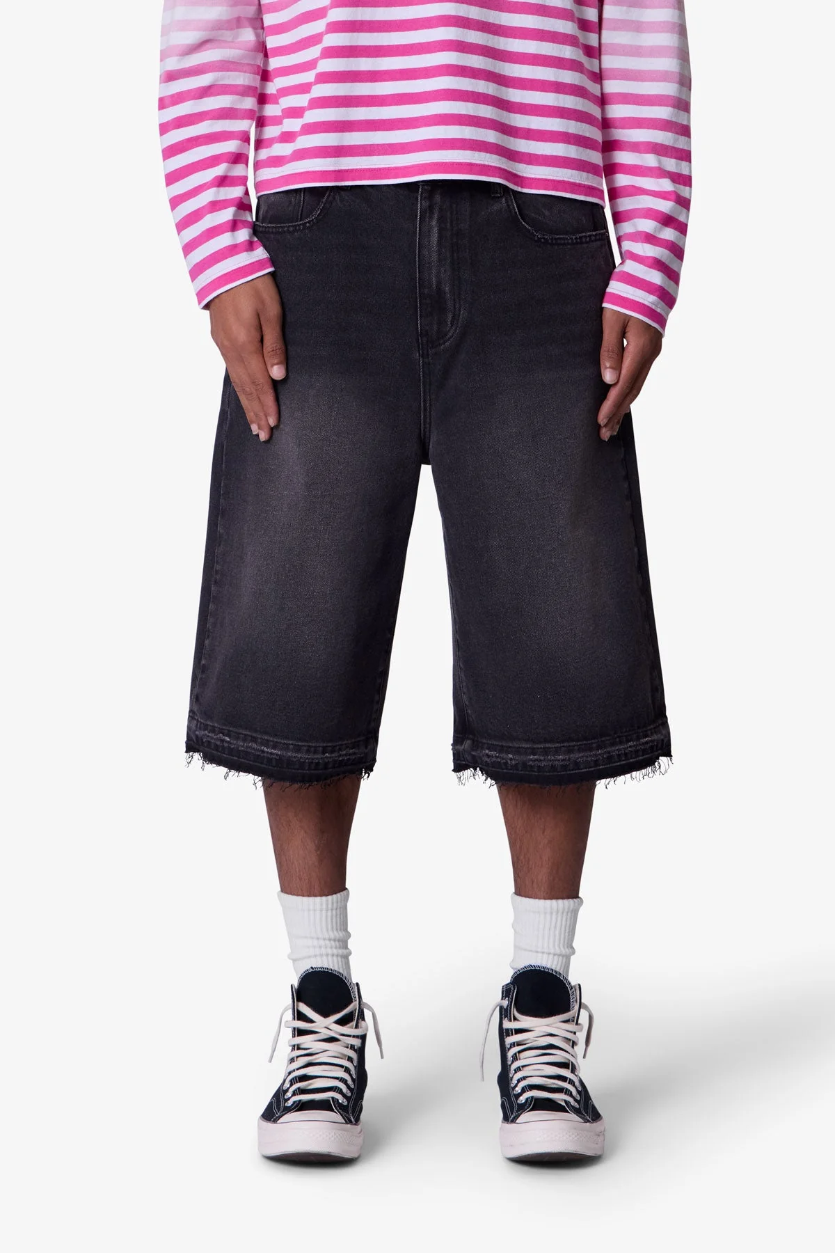 Ultra Baggy Raw Hem Denim Shorts - Washed Black