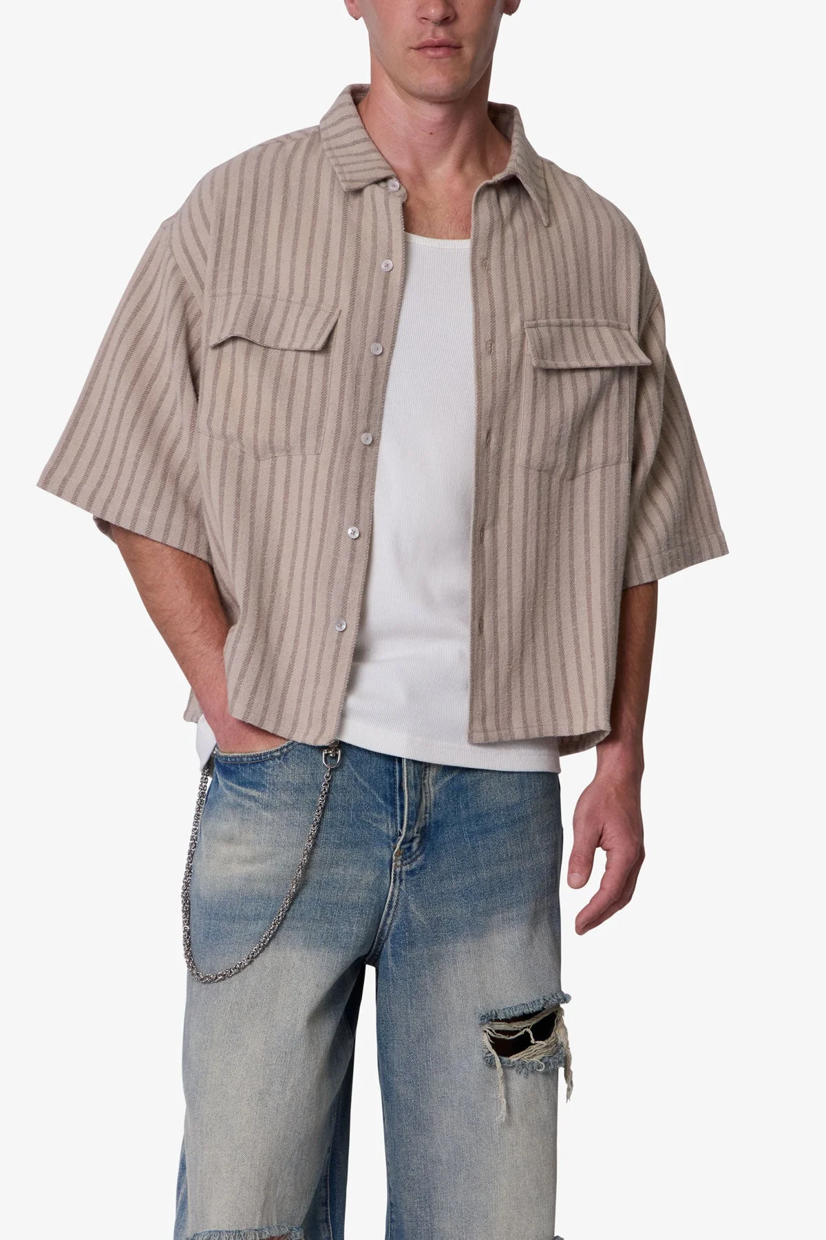 Cropped Boxy Striped S/S Shirt - Khaki