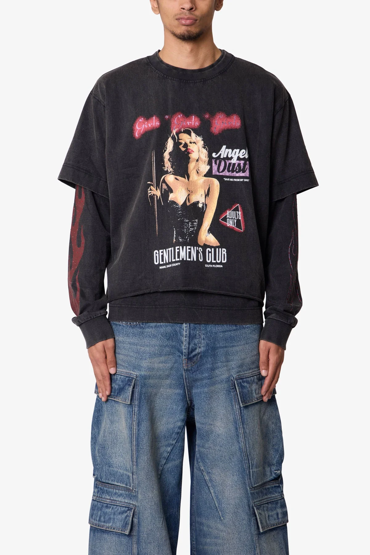 Gentlemens Club Printed L/S Tee - Washed Black