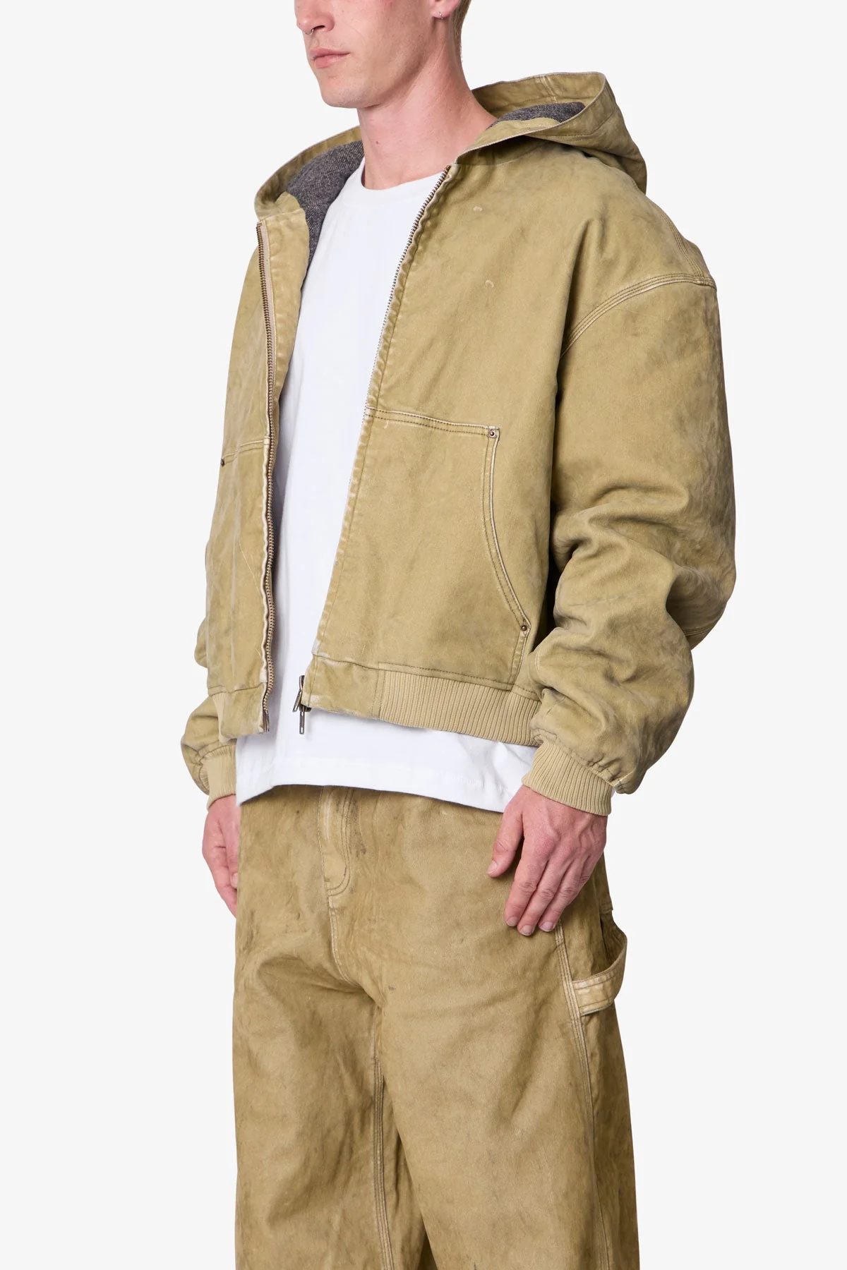 Flocked Hooded Zip Up Work Jacket - Tan