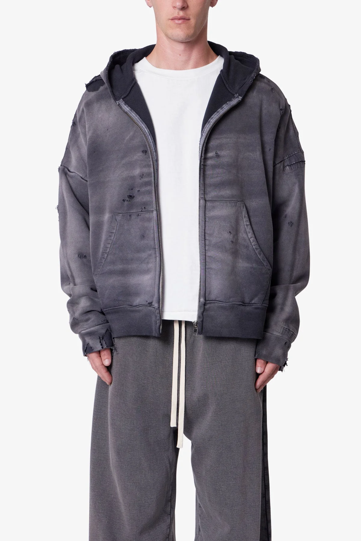 Distressed Thermal Lined Hoodie - Black