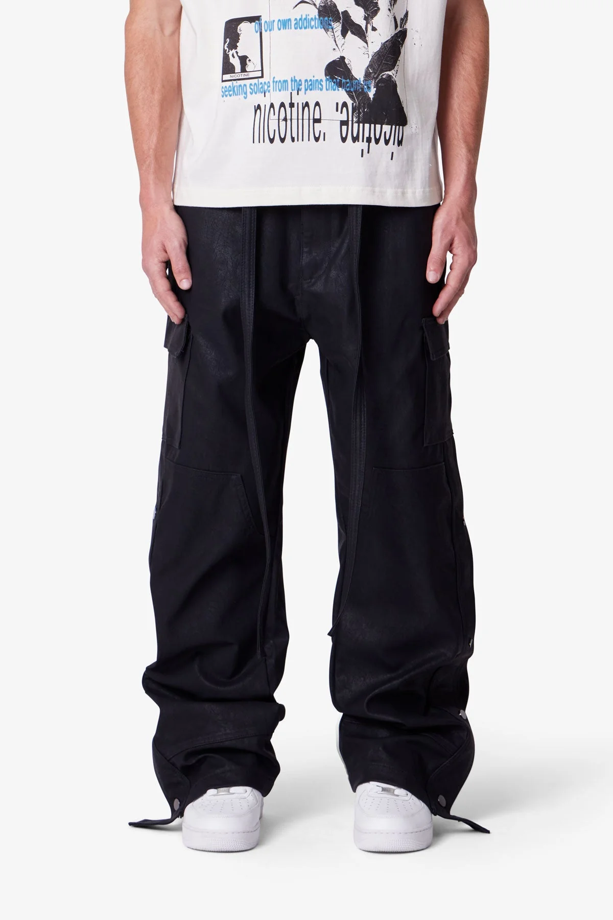 Ultra Baggy Leather Snap Cargo Pants - Black