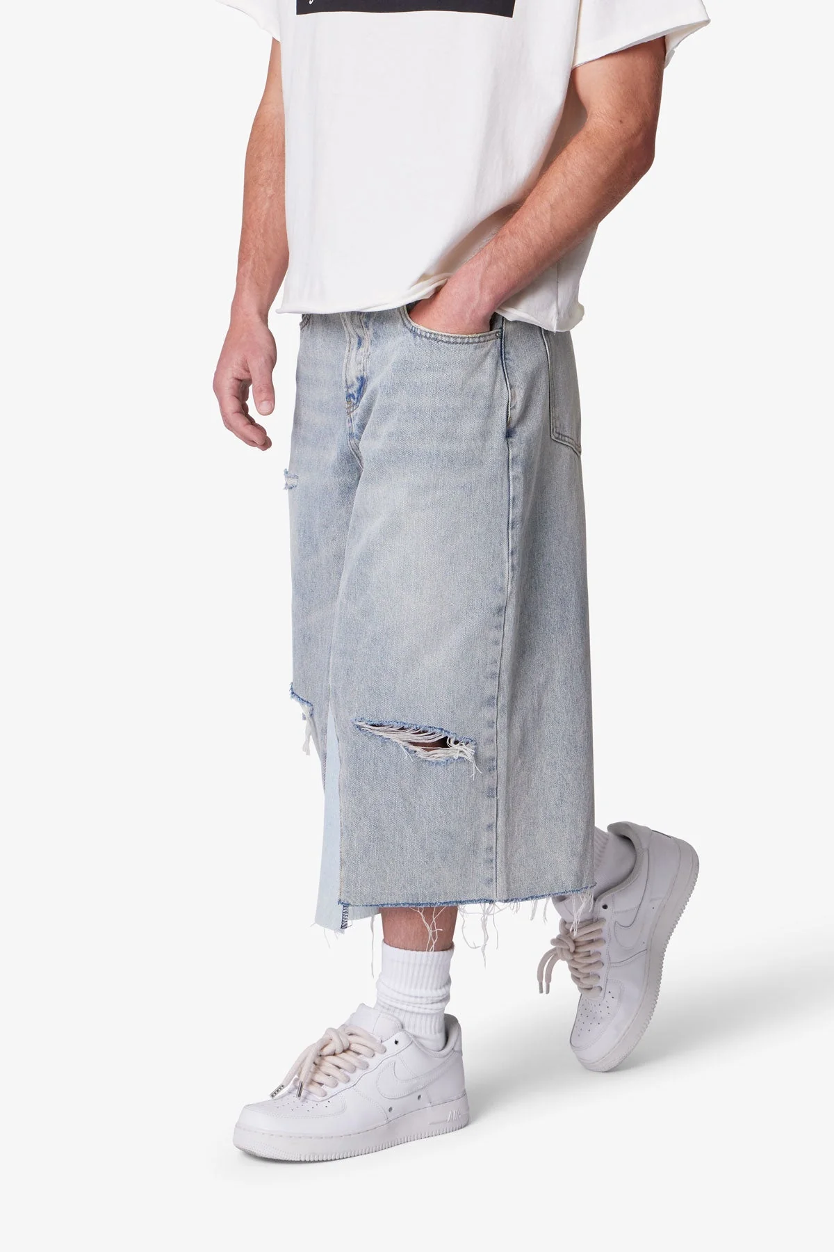 Paneled Denim Shorts - Washed Light Blue