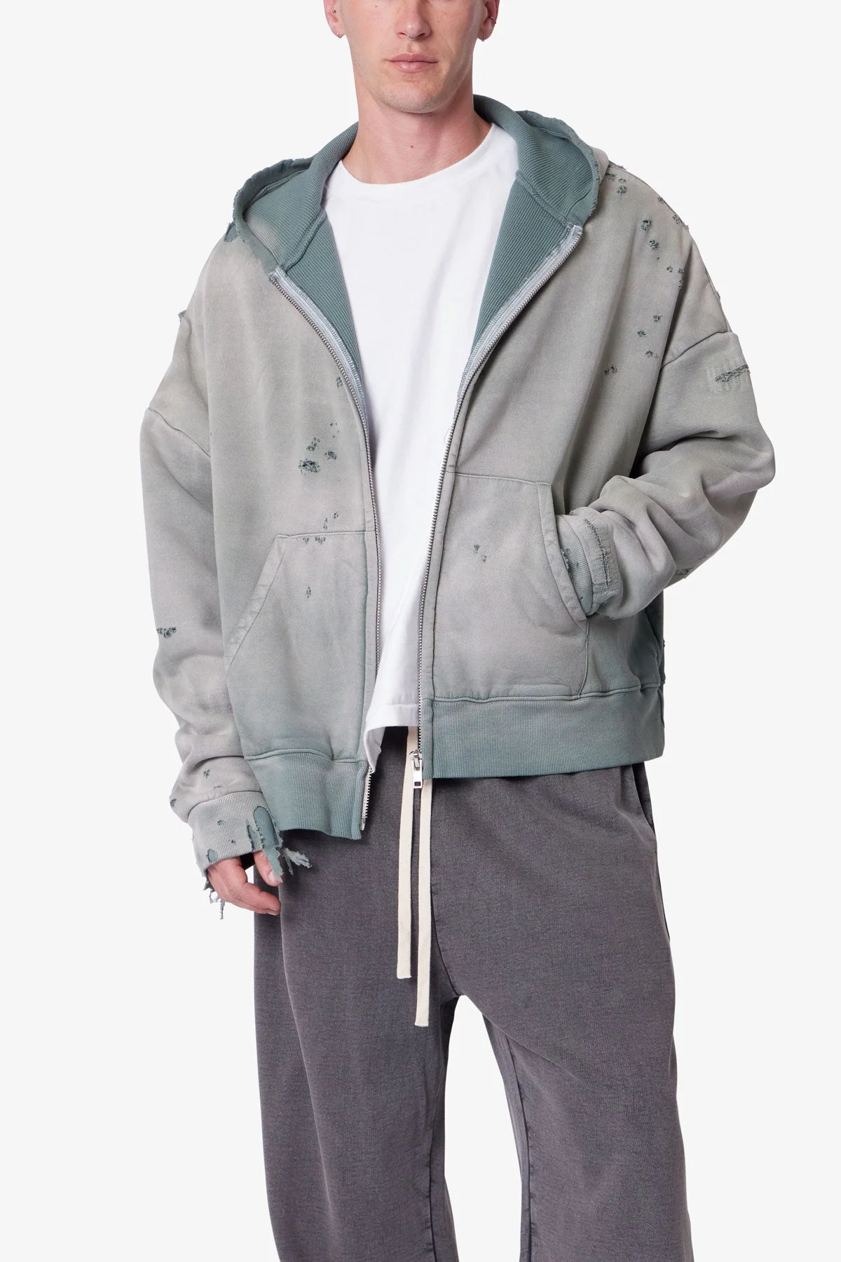 Distressed Thermal Lined Hoodie - Green