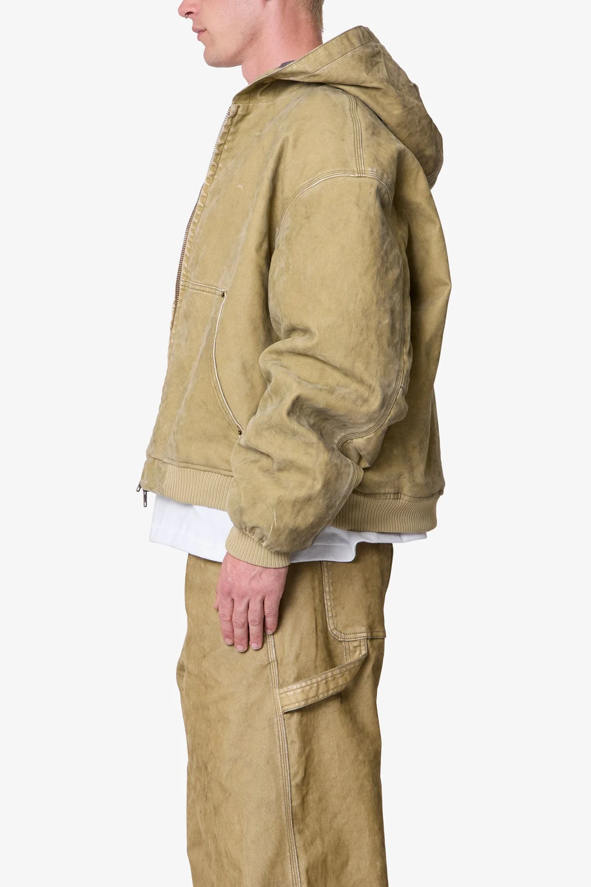 Flocked Hooded Zip Up Work Jacket - Tan