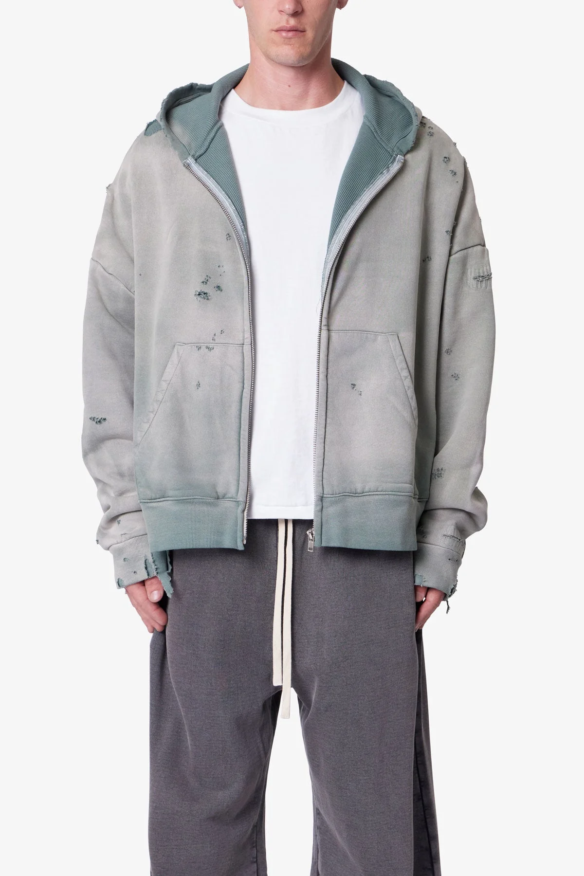 Distressed Thermal Lined Hoodie - Green