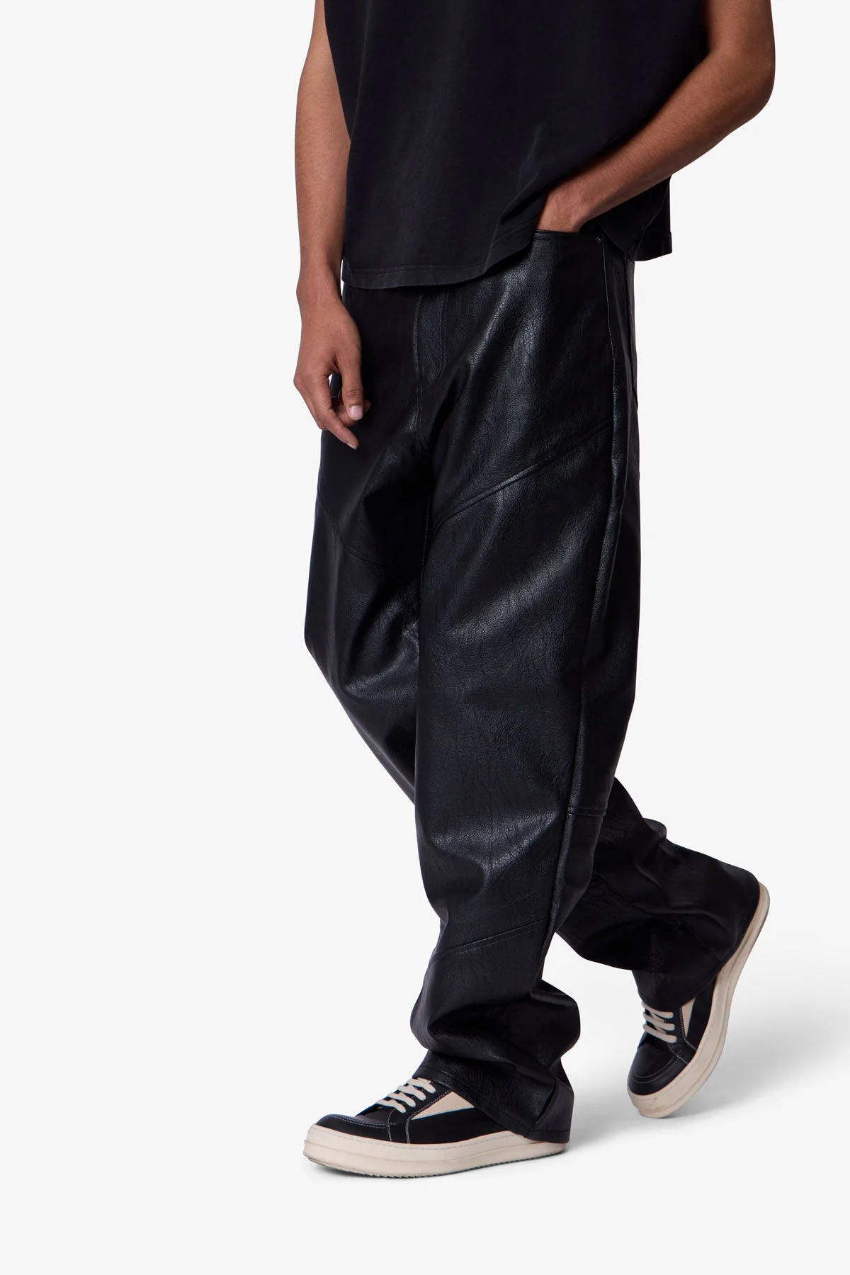 Ultra Baggy Paneled Leather Pants - Black
