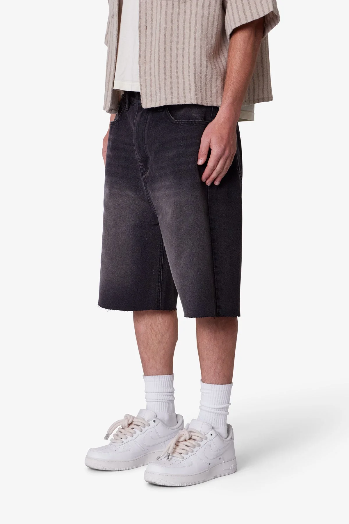 Baggy Cut Off Denim Shorts - Washed Black