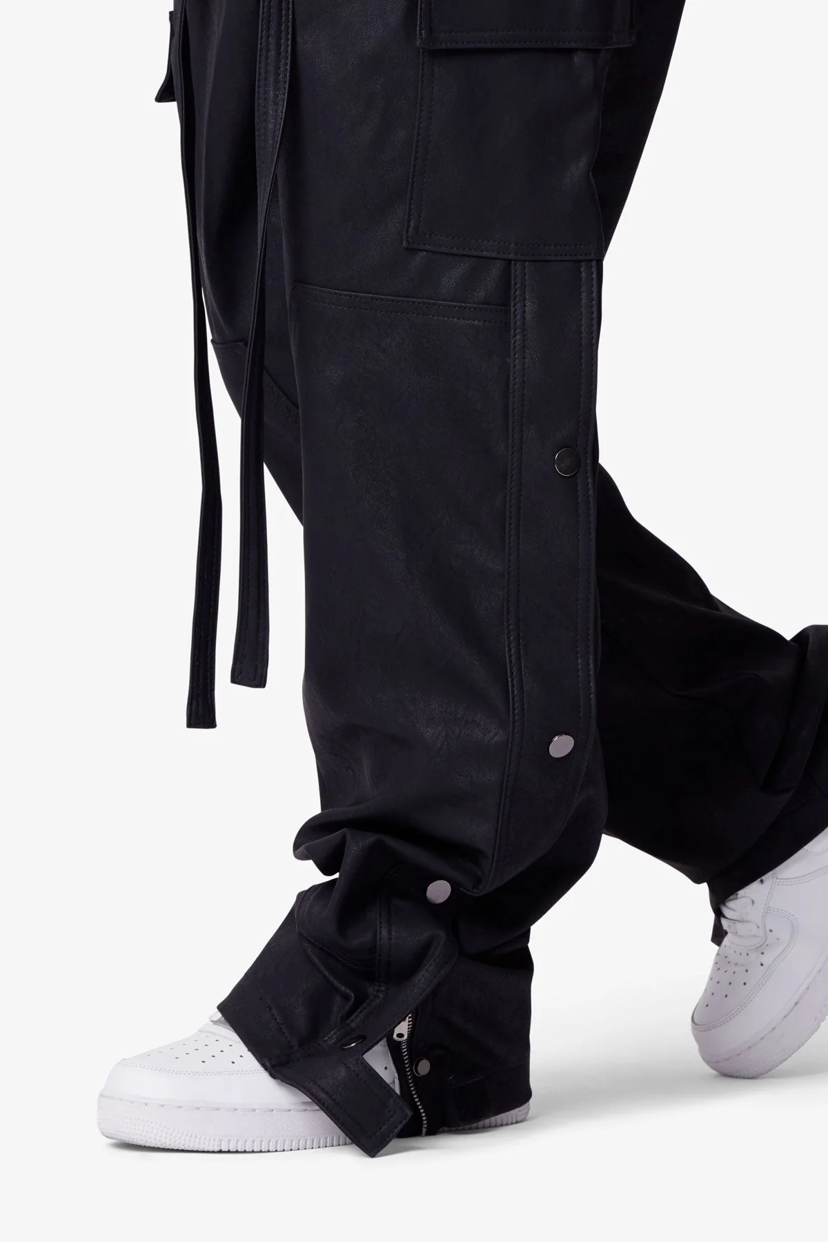 Ultra Baggy Leather Snap Cargo Pants - Black