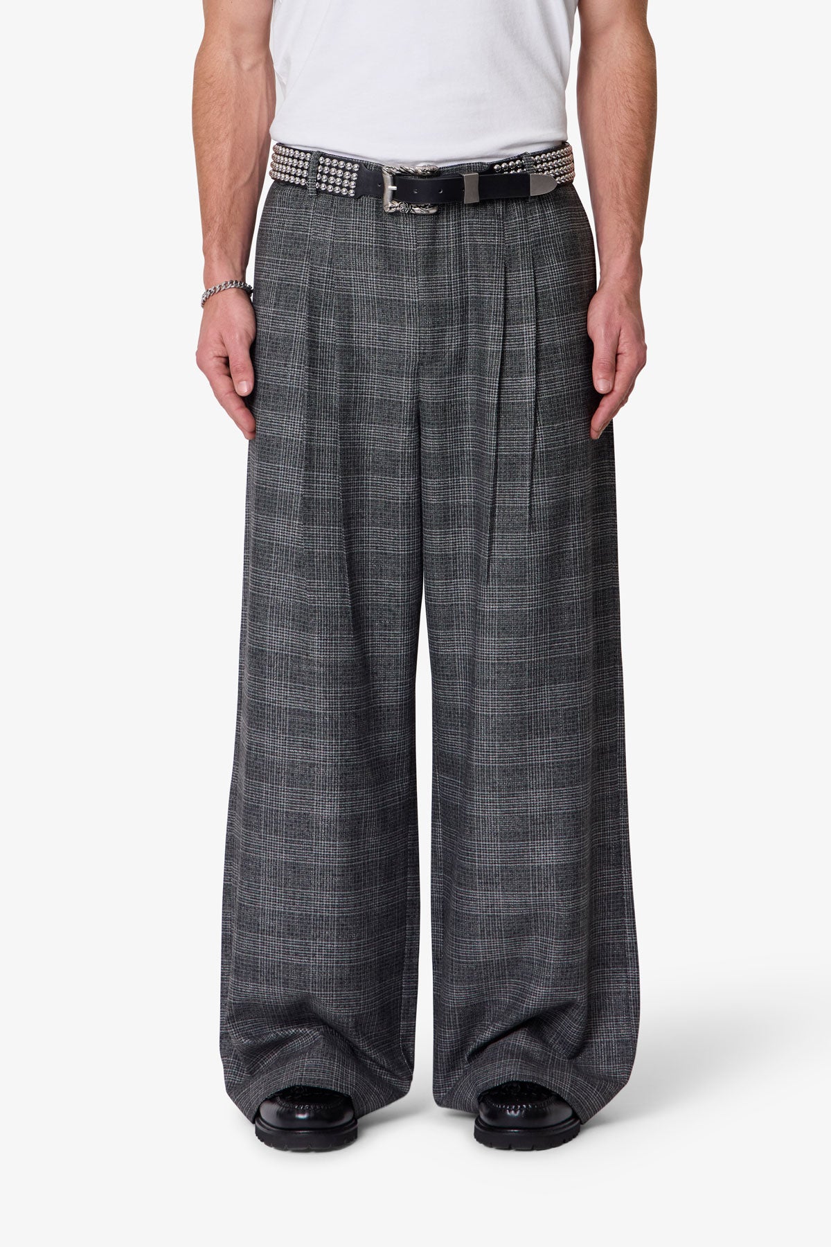 Plaid Barrel Trouser Pants - Grey