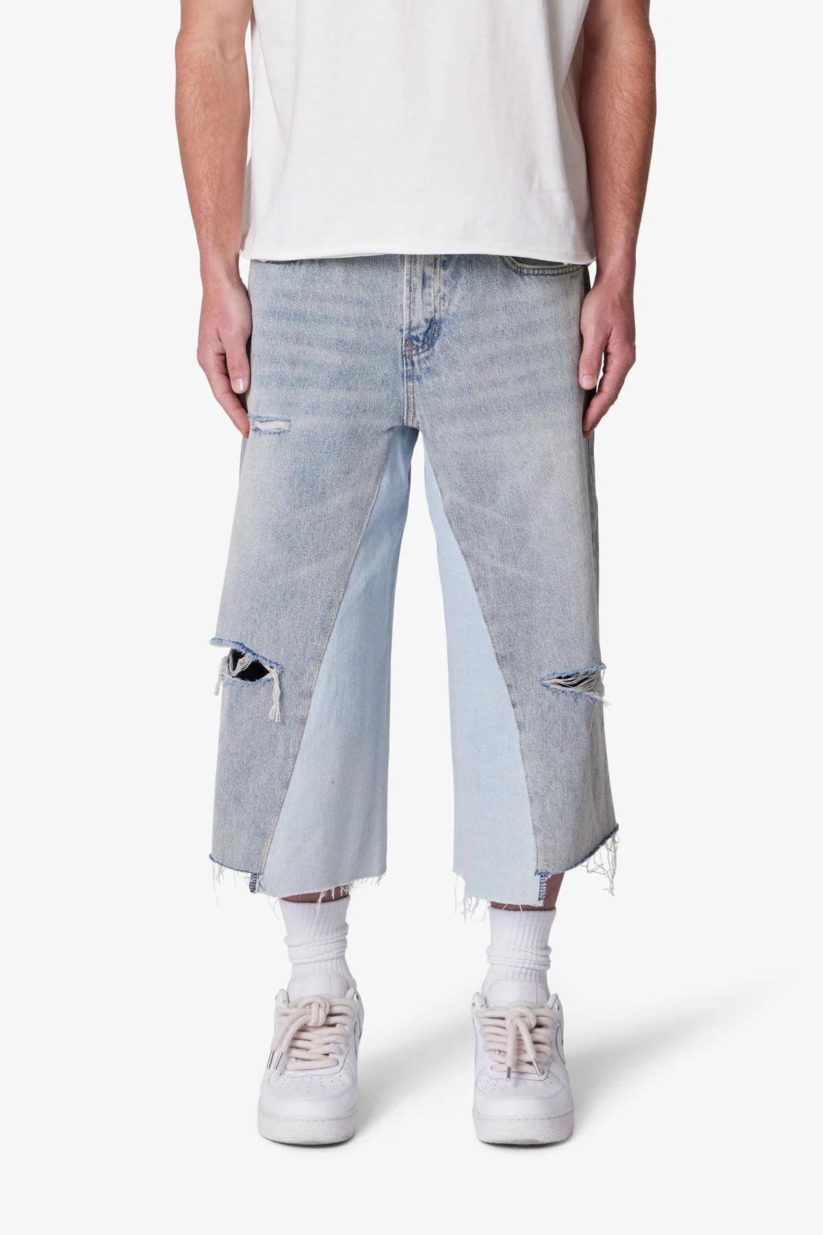 Paneled Denim Shorts - Washed Light Blue