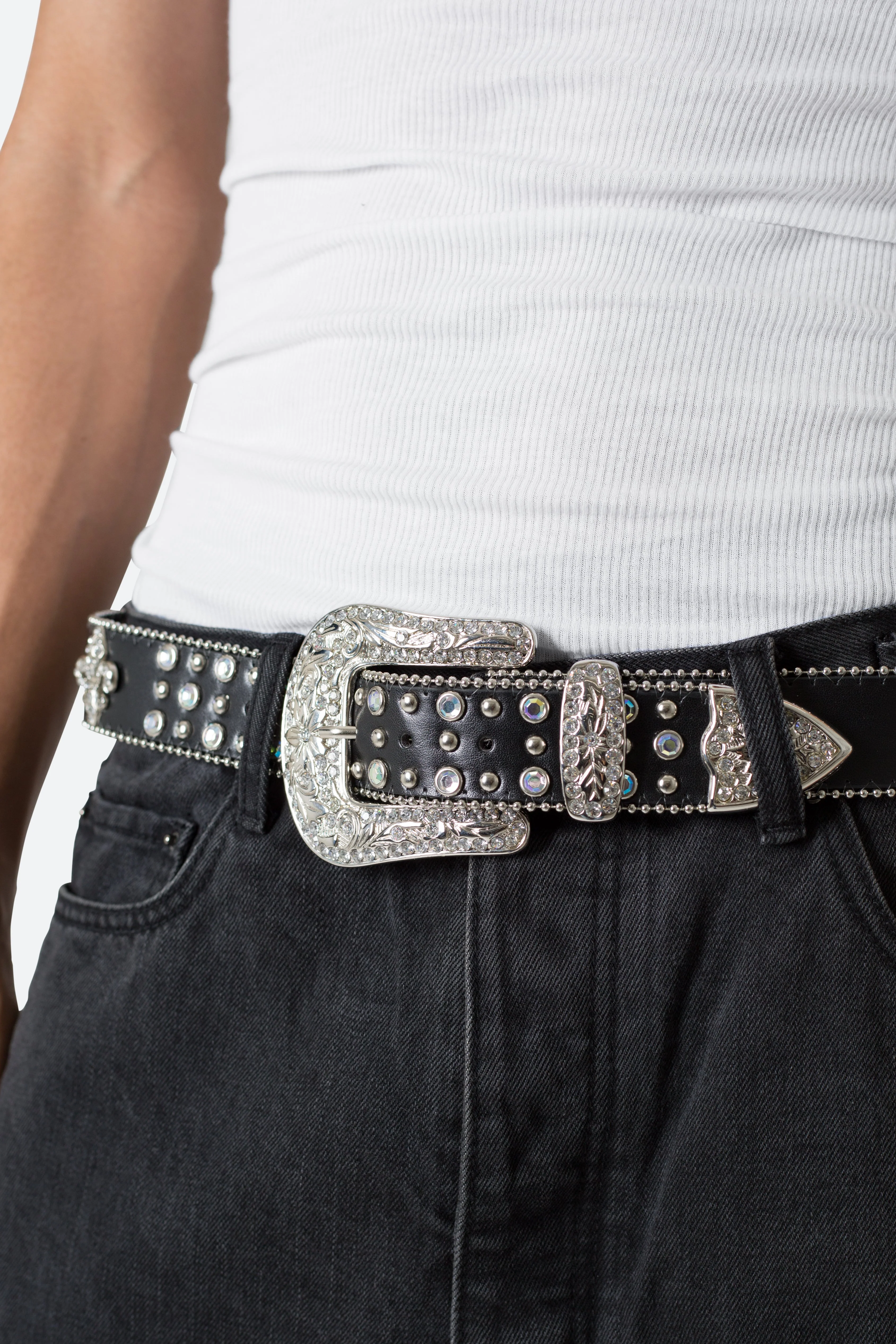 Fleur Studded Rhinestone Belt - Black