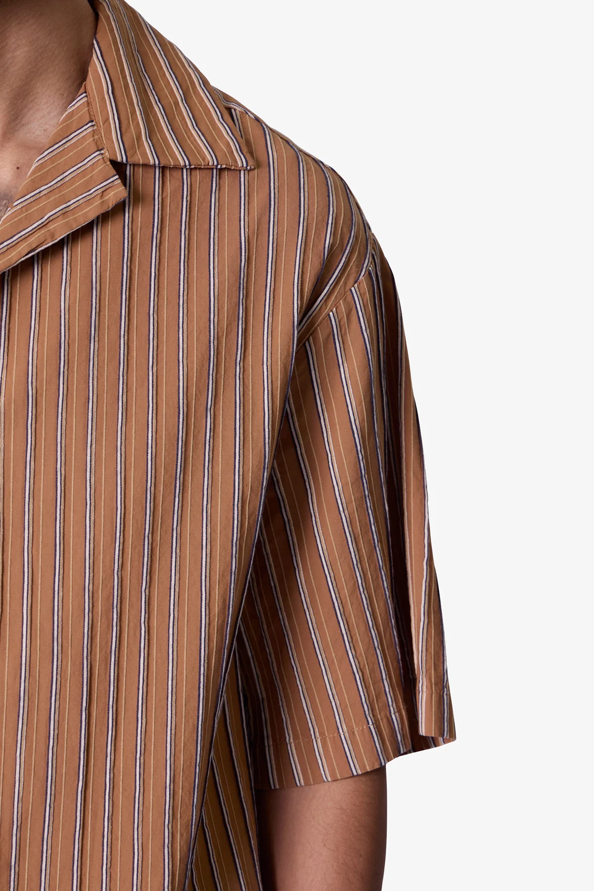 Striped Woven Cropped Shirt - Brown
