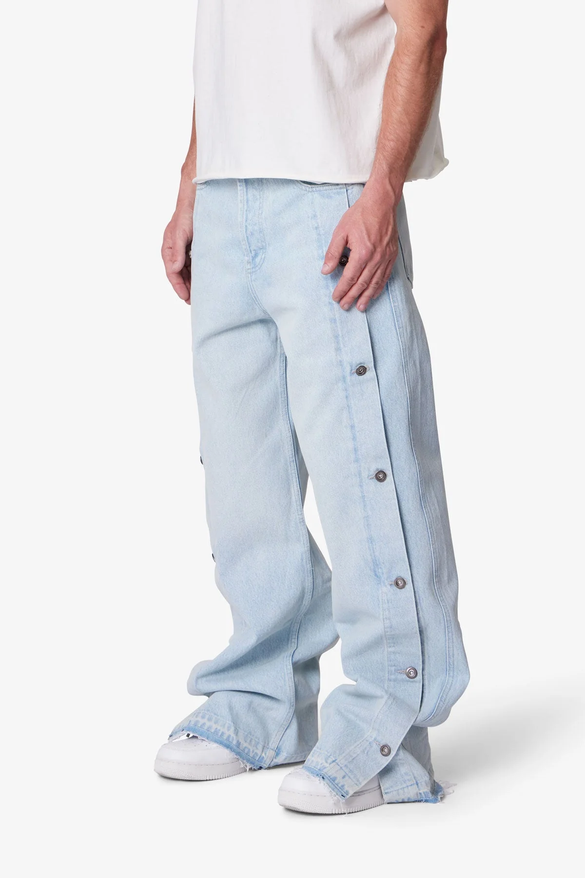 Ultra Baggy Offset Button Denim - Light Blue