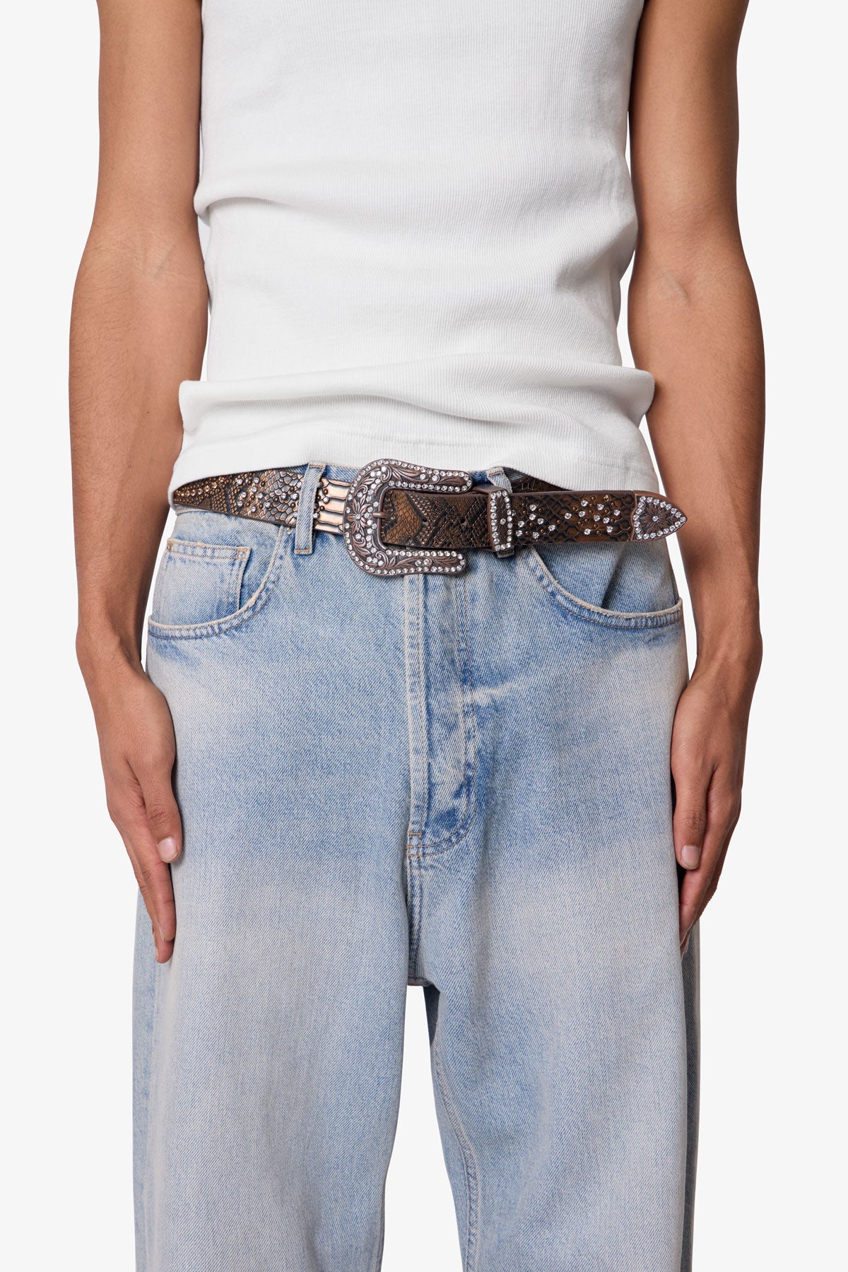 Snake Skin Turquoise Studded Belt - Brown