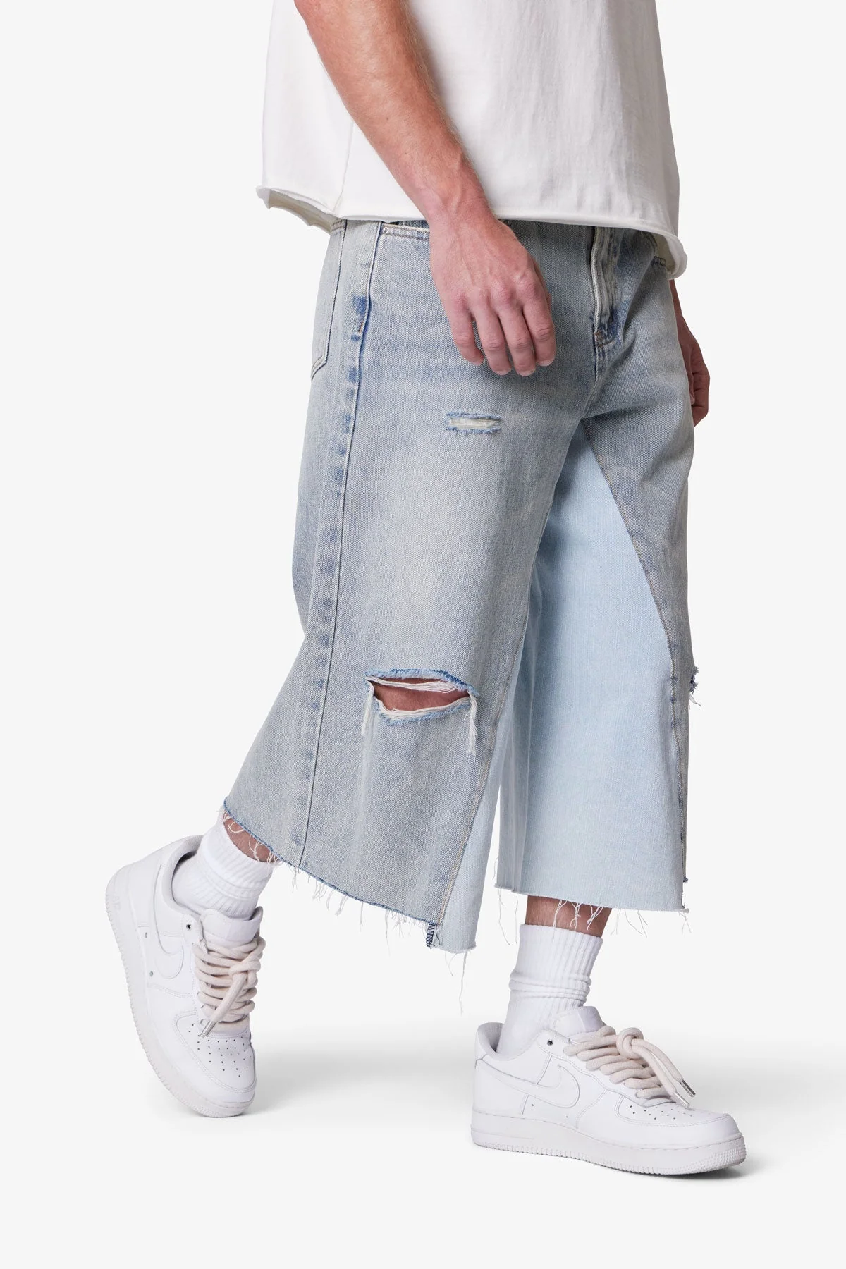 Paneled Denim Shorts - Washed Light Blue