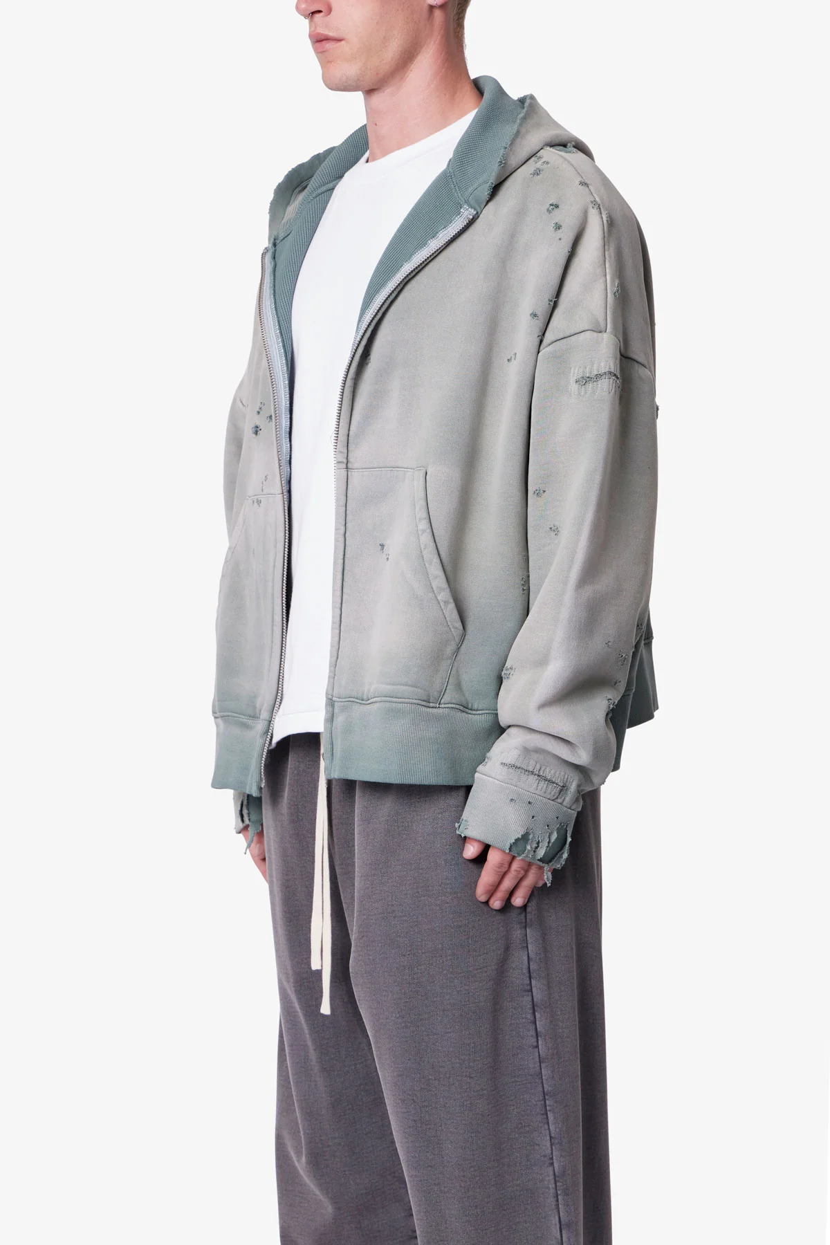 Distressed Thermal Lined Hoodie - Green