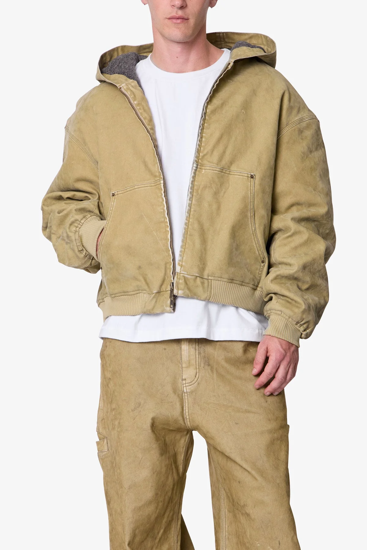 Flocked Hooded Zip Up Work Jacket - Tan