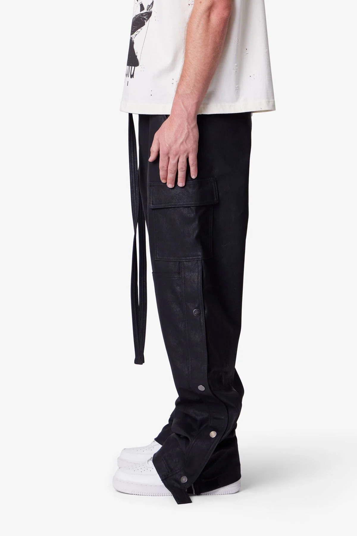 Ultra Baggy Leather Snap Cargo Pants - Black