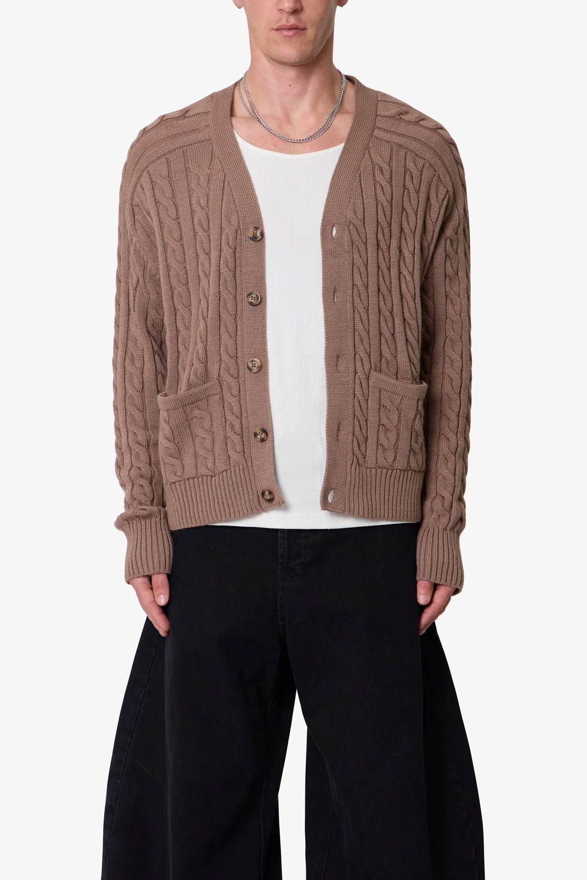 Cable Knit Cardigan Sweater - Tan