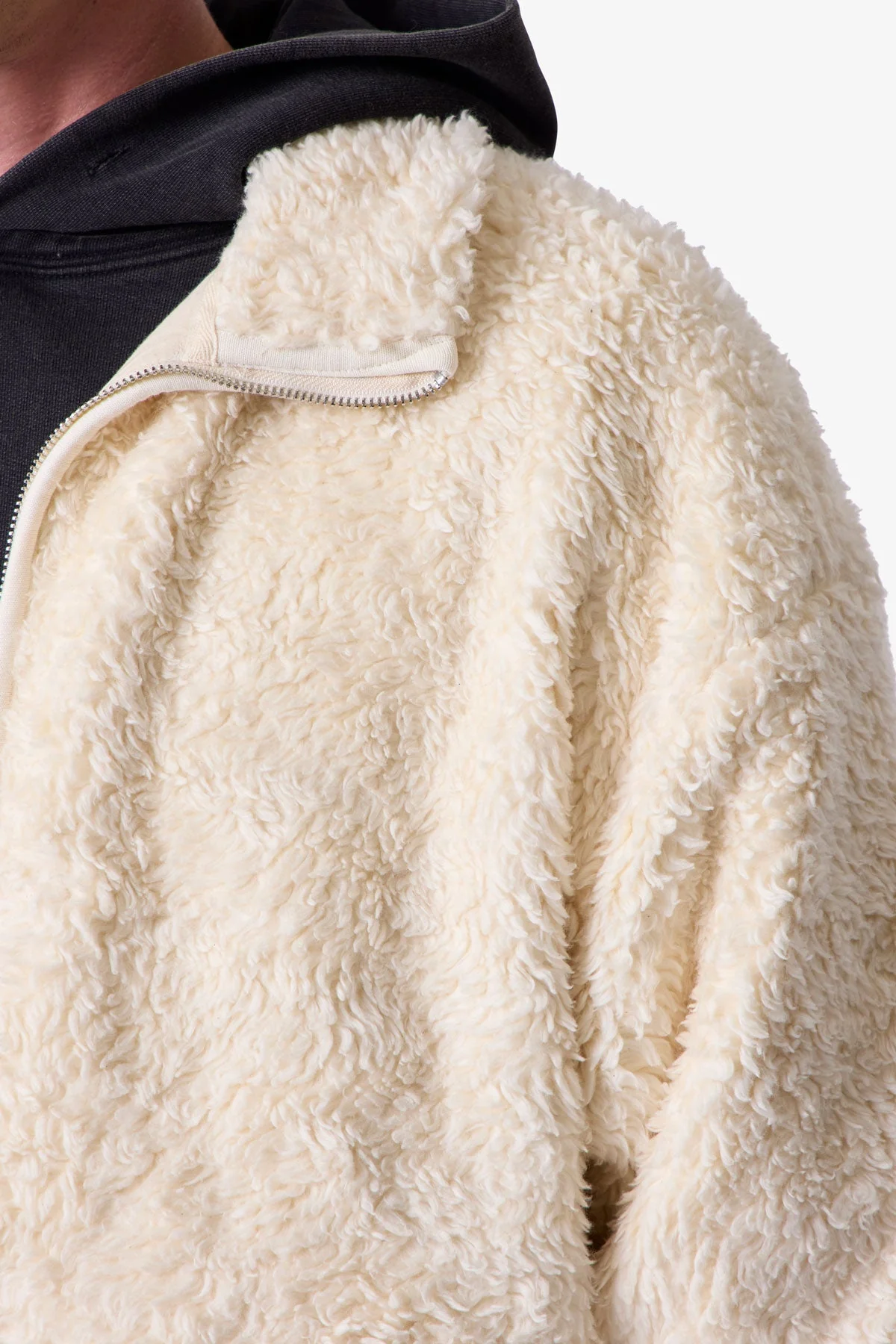Leather Trim Sherpa Zip Up Jacket - Off White