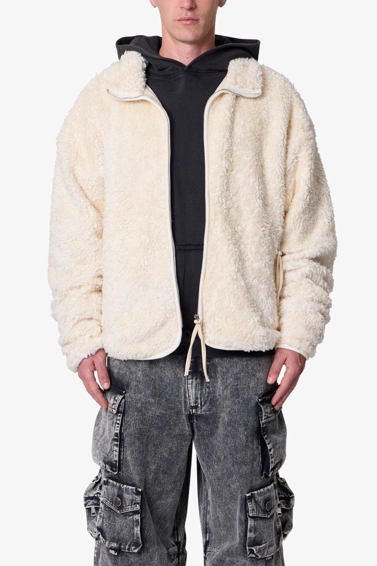 Leather Trim Sherpa Zip Up Jacket - Off White