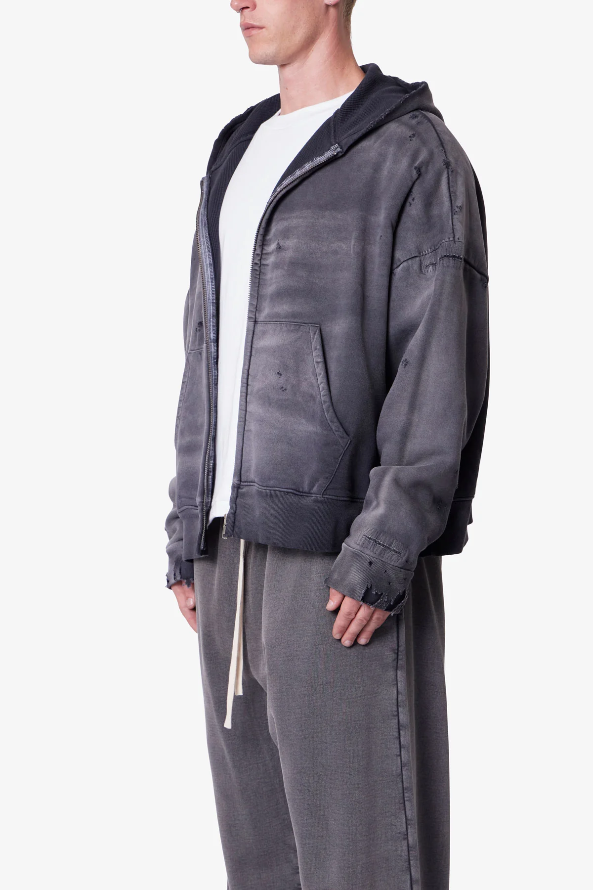 Distressed Thermal Lined Hoodie - Black