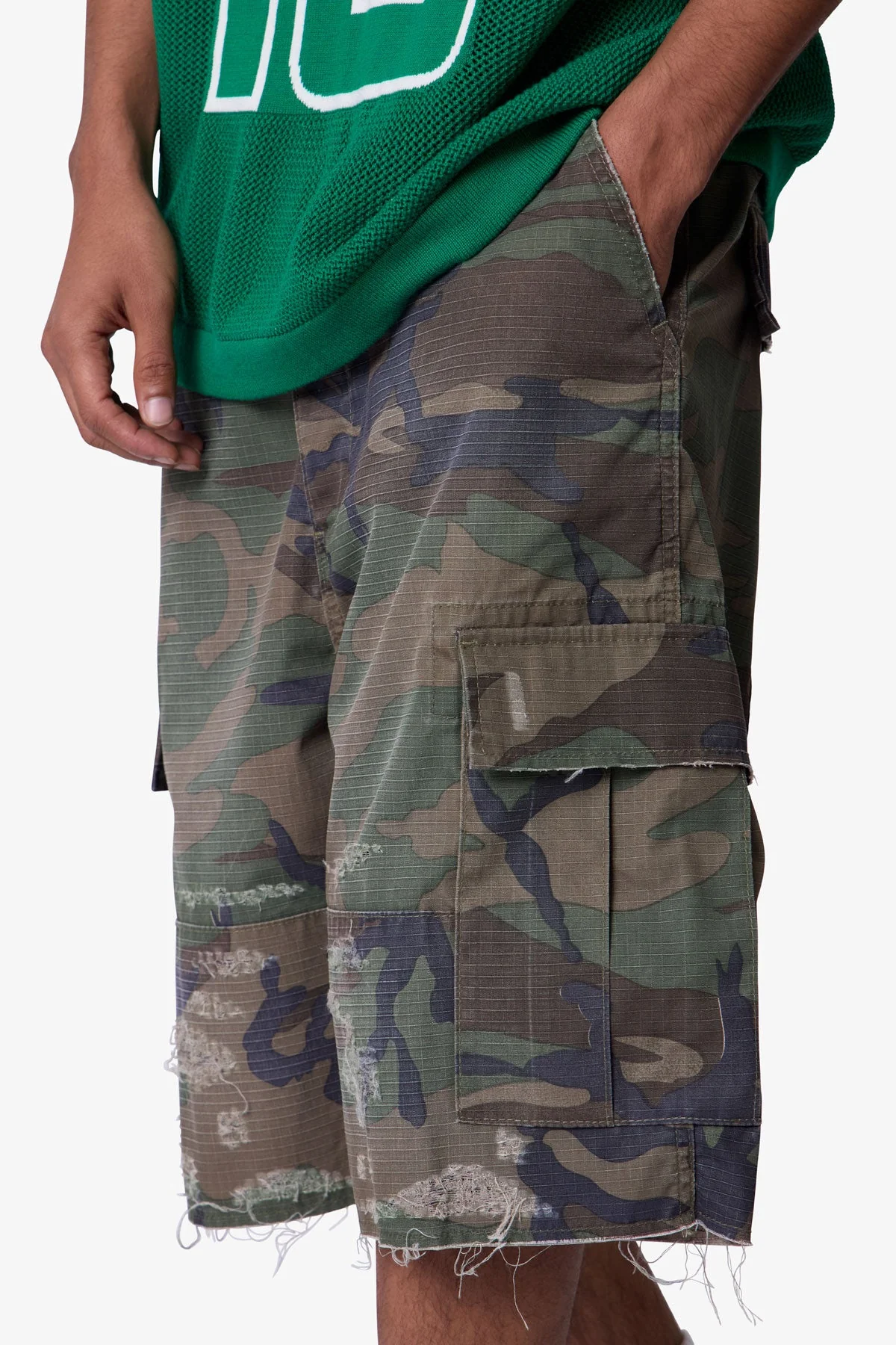 Baggy Distressed Cargo Shorts - Washed Camo