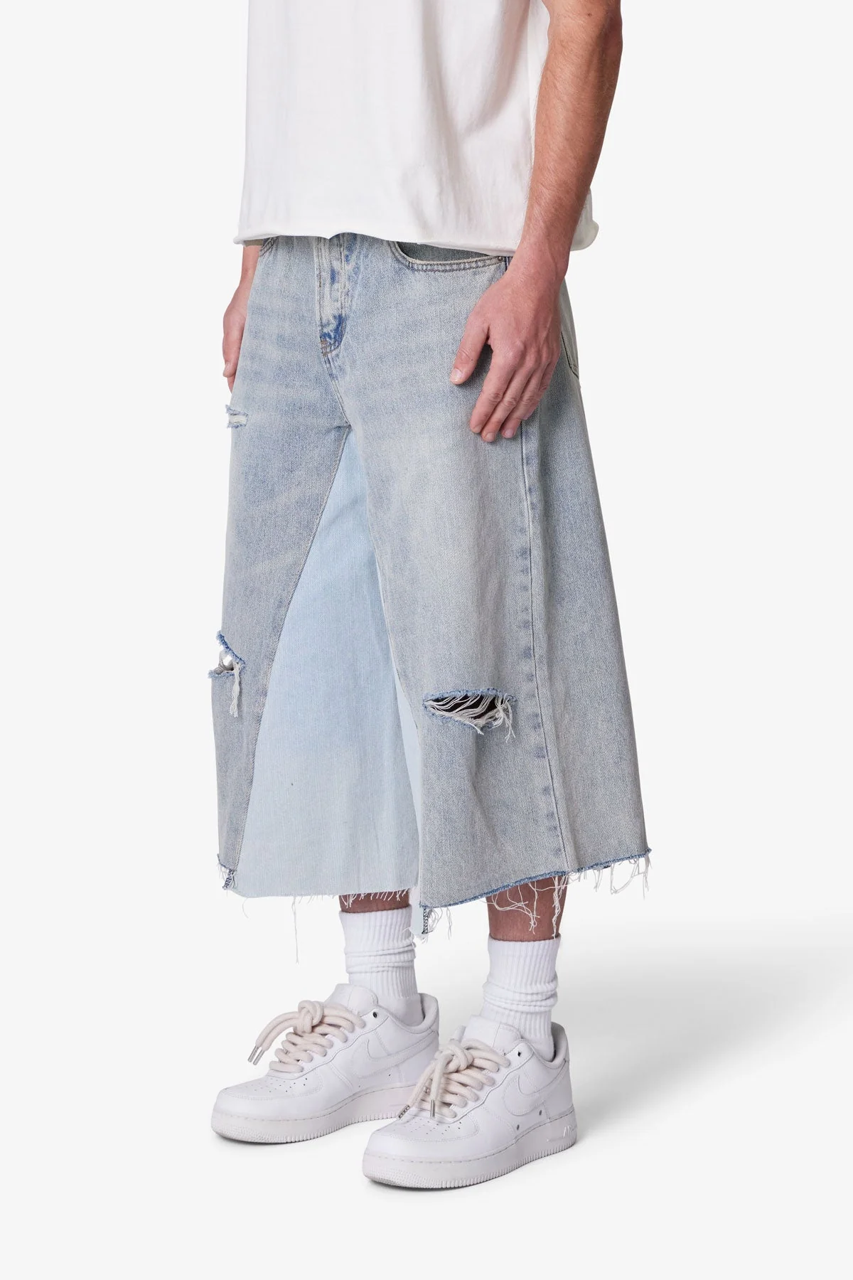 Paneled Denim Shorts - Washed Light Blue