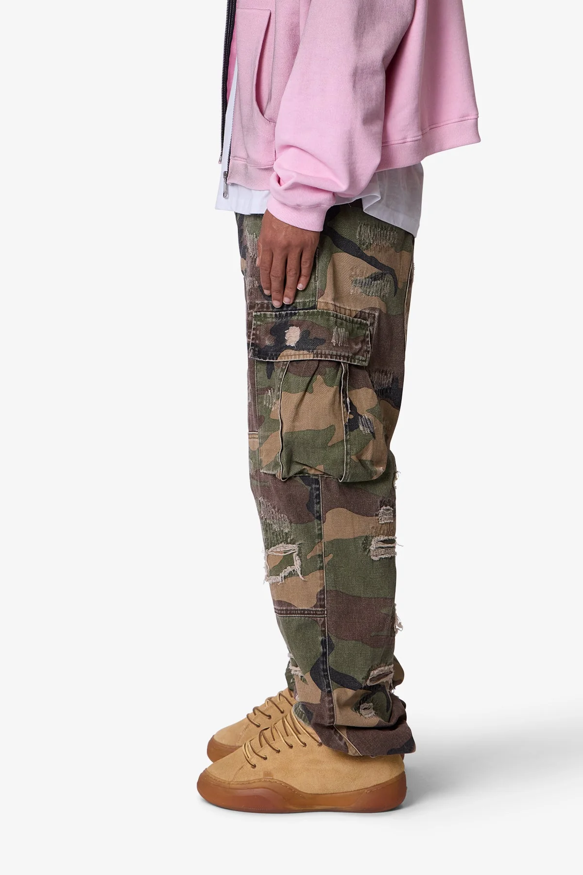 Ultra Baggy Distressed Cargo Pants - Woodland Camo