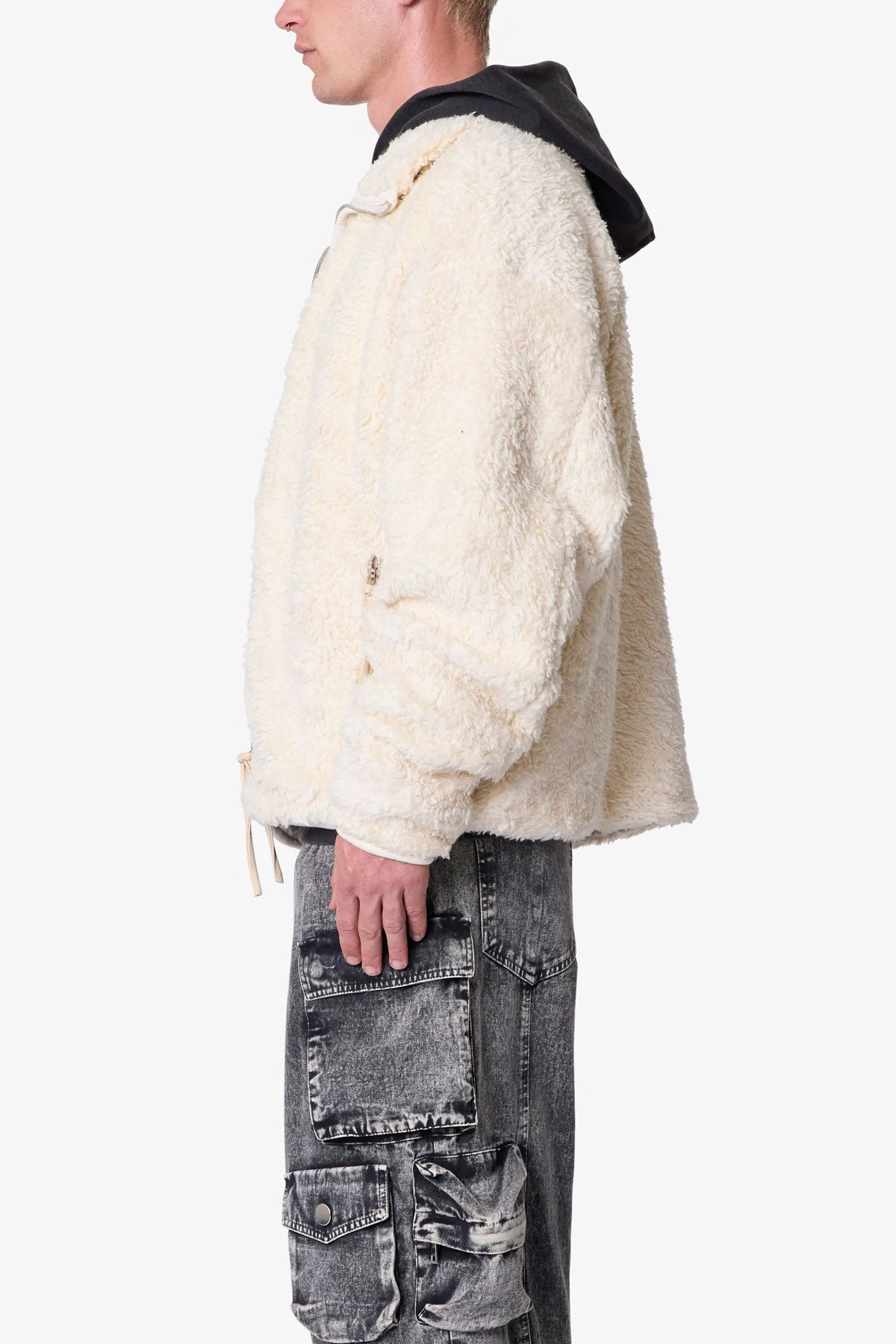 Leather Trim Sherpa Zip Up Jacket - Off White