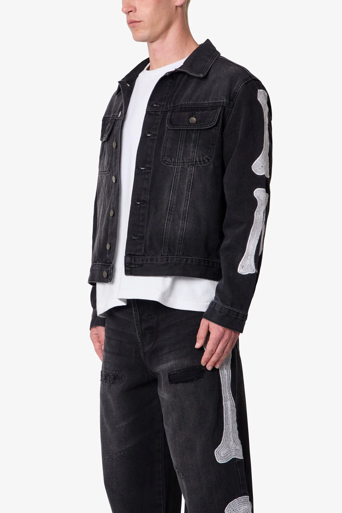 Skeleton Trucker Jacket - Washed Black