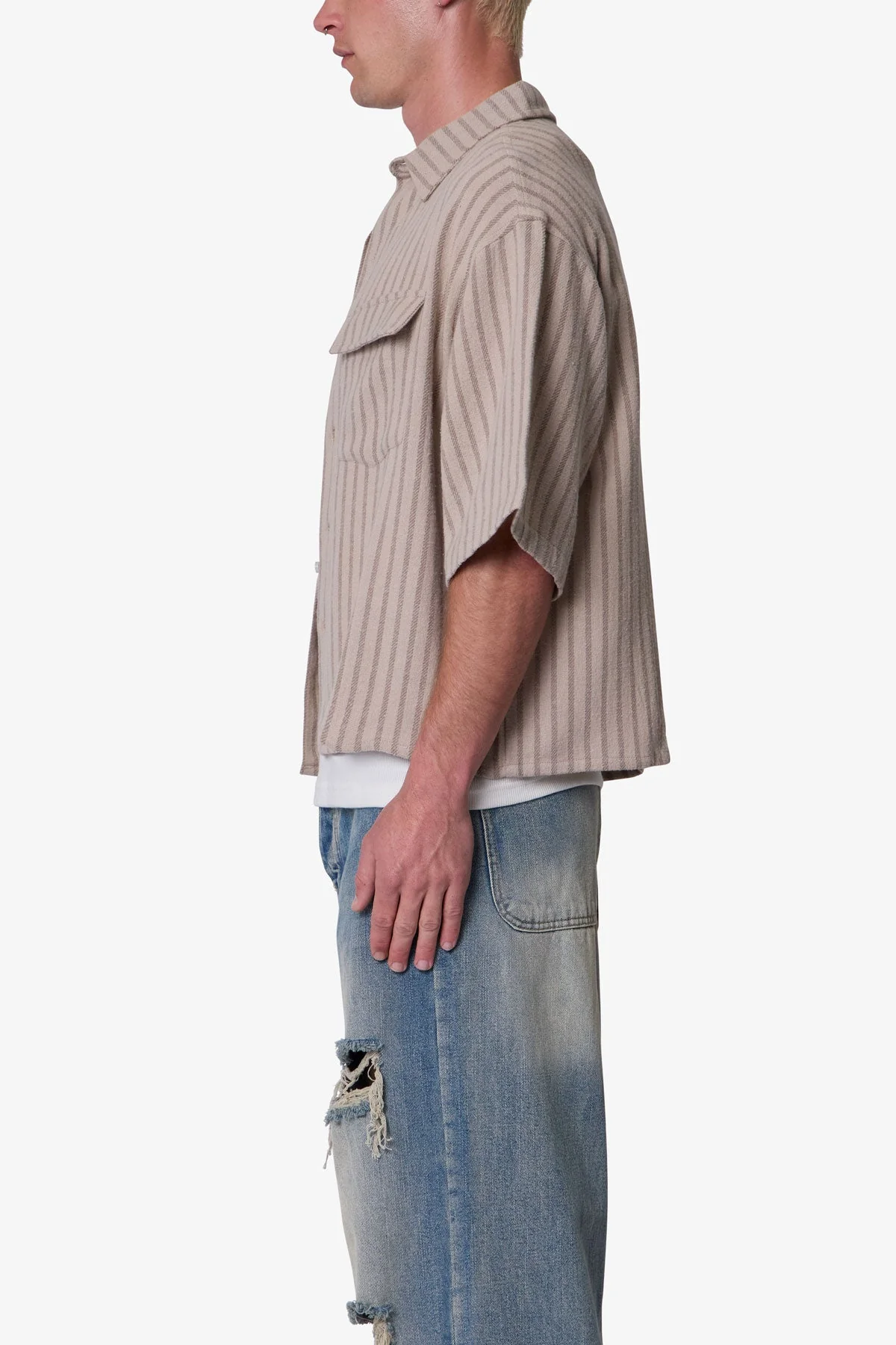 Cropped Boxy Striped S/S Shirt - Khaki