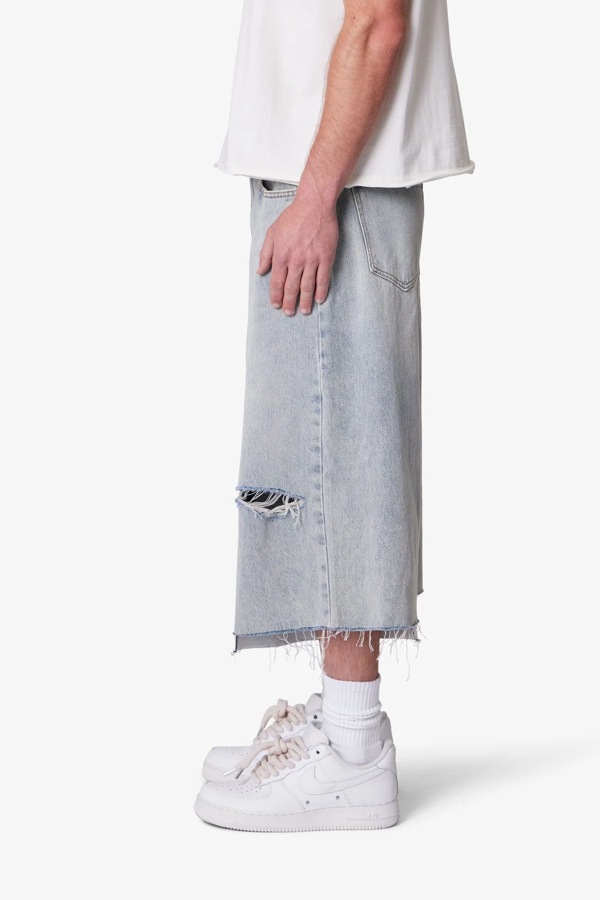 Paneled Denim Shorts - Washed Light Blue