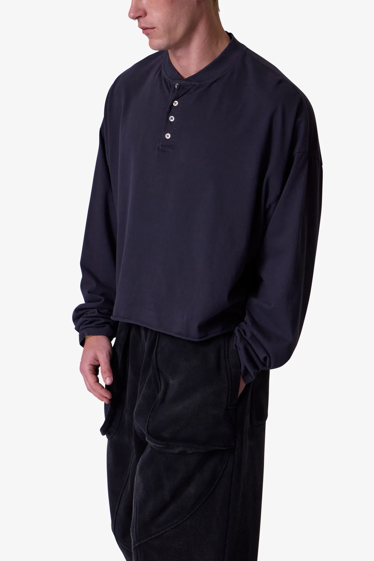 Button Fastened Oversized L/S Tee - Washed Black