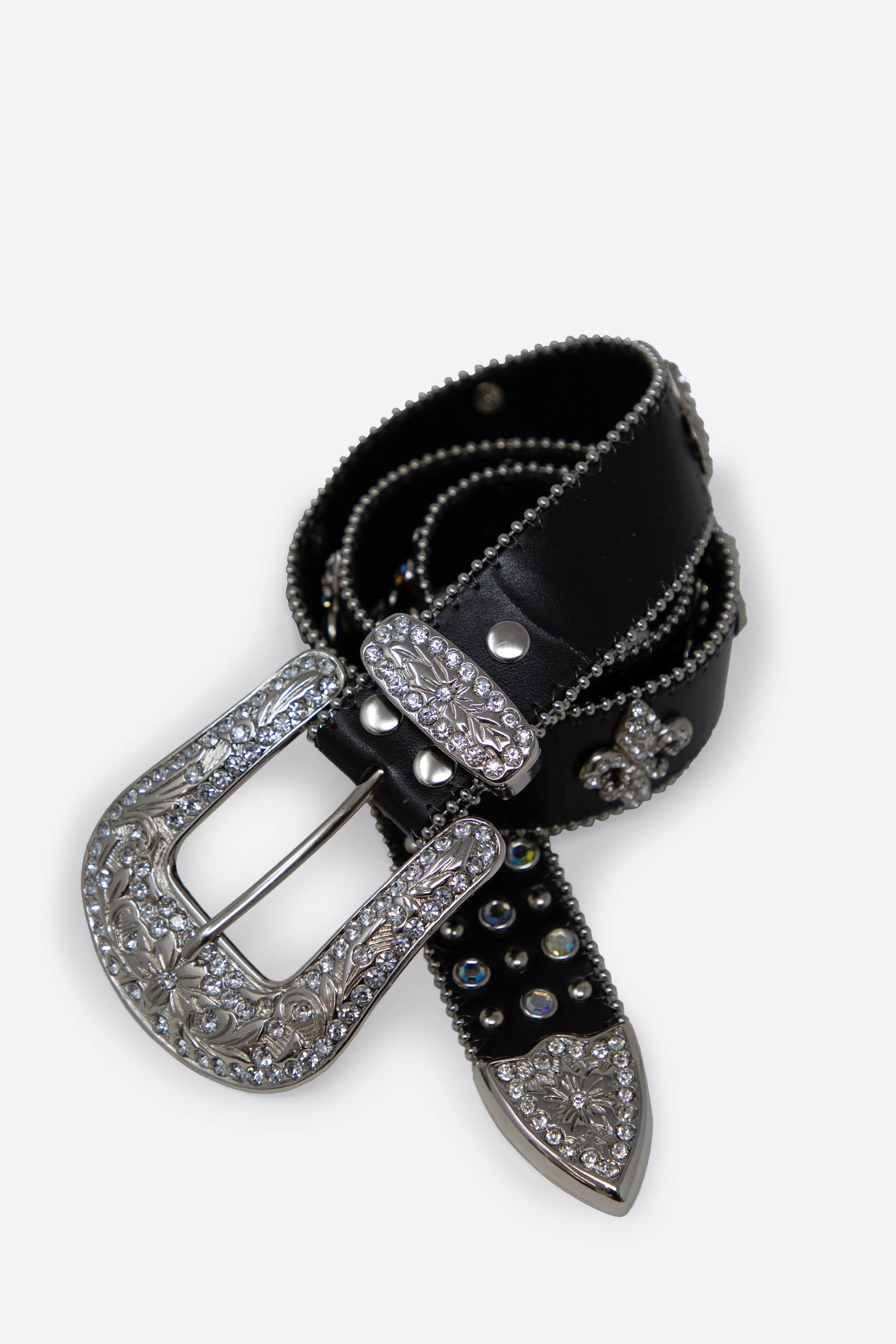 Fleur Studded Rhinestone Belt - Black