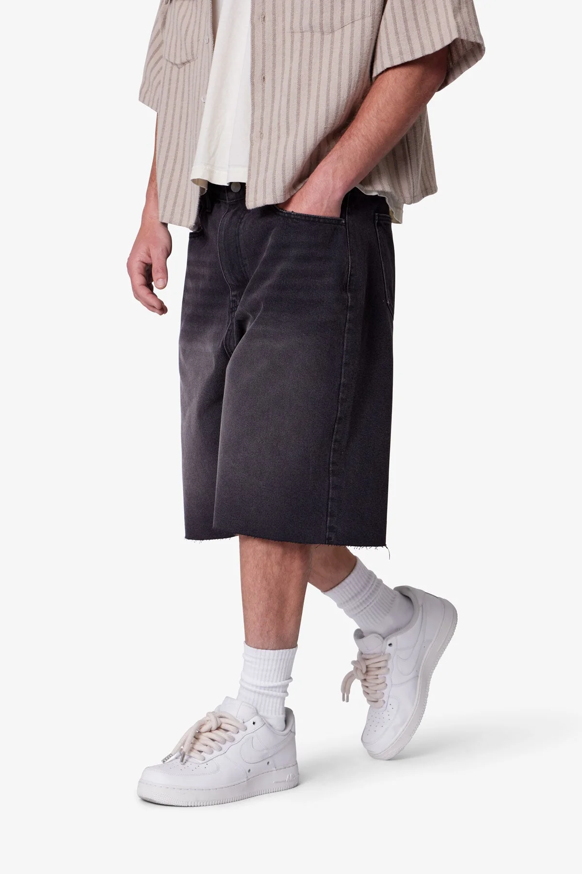 Baggy Cut Off Denim Shorts - Washed Black