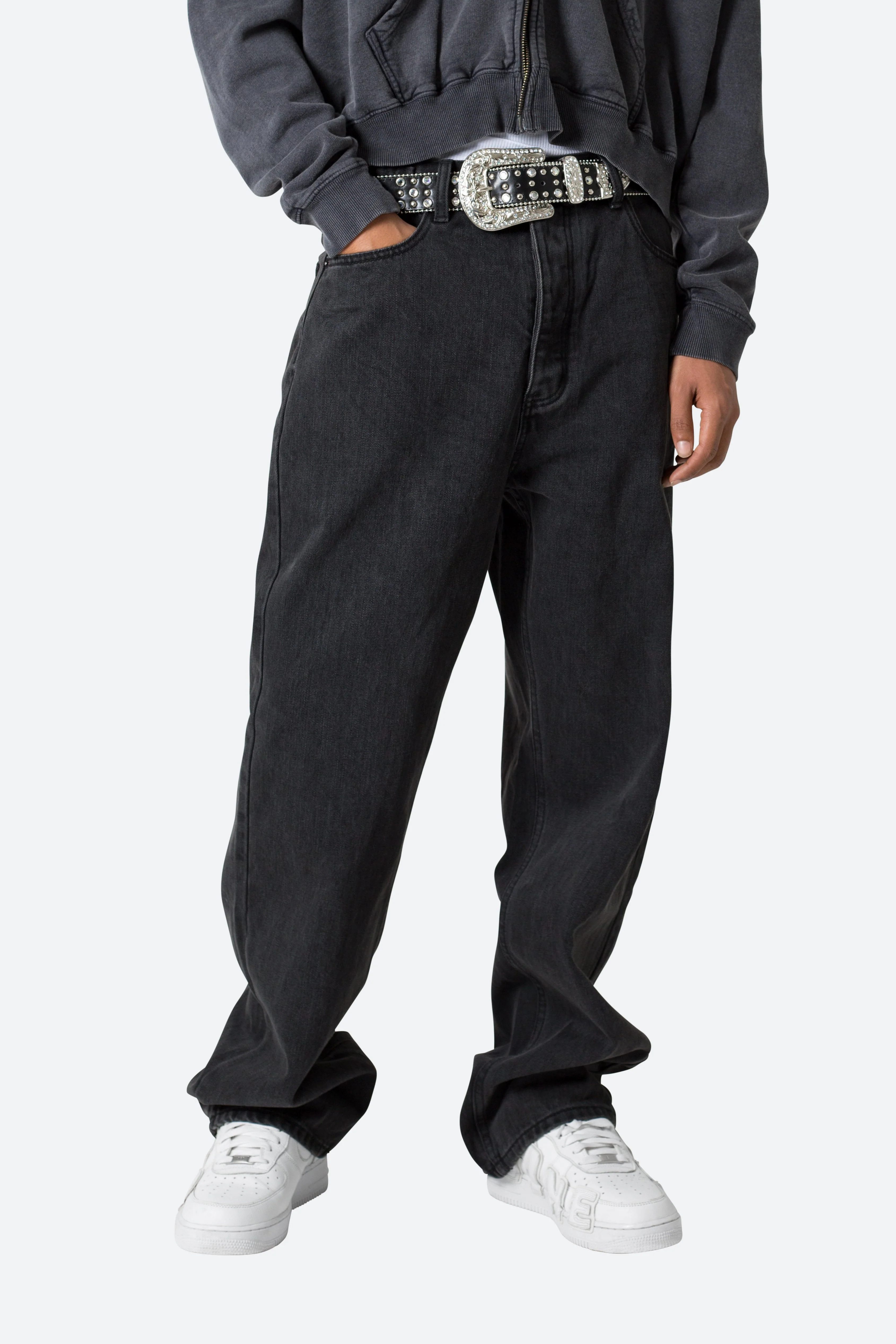 Fleur Studded Rhinestone Belt - Black