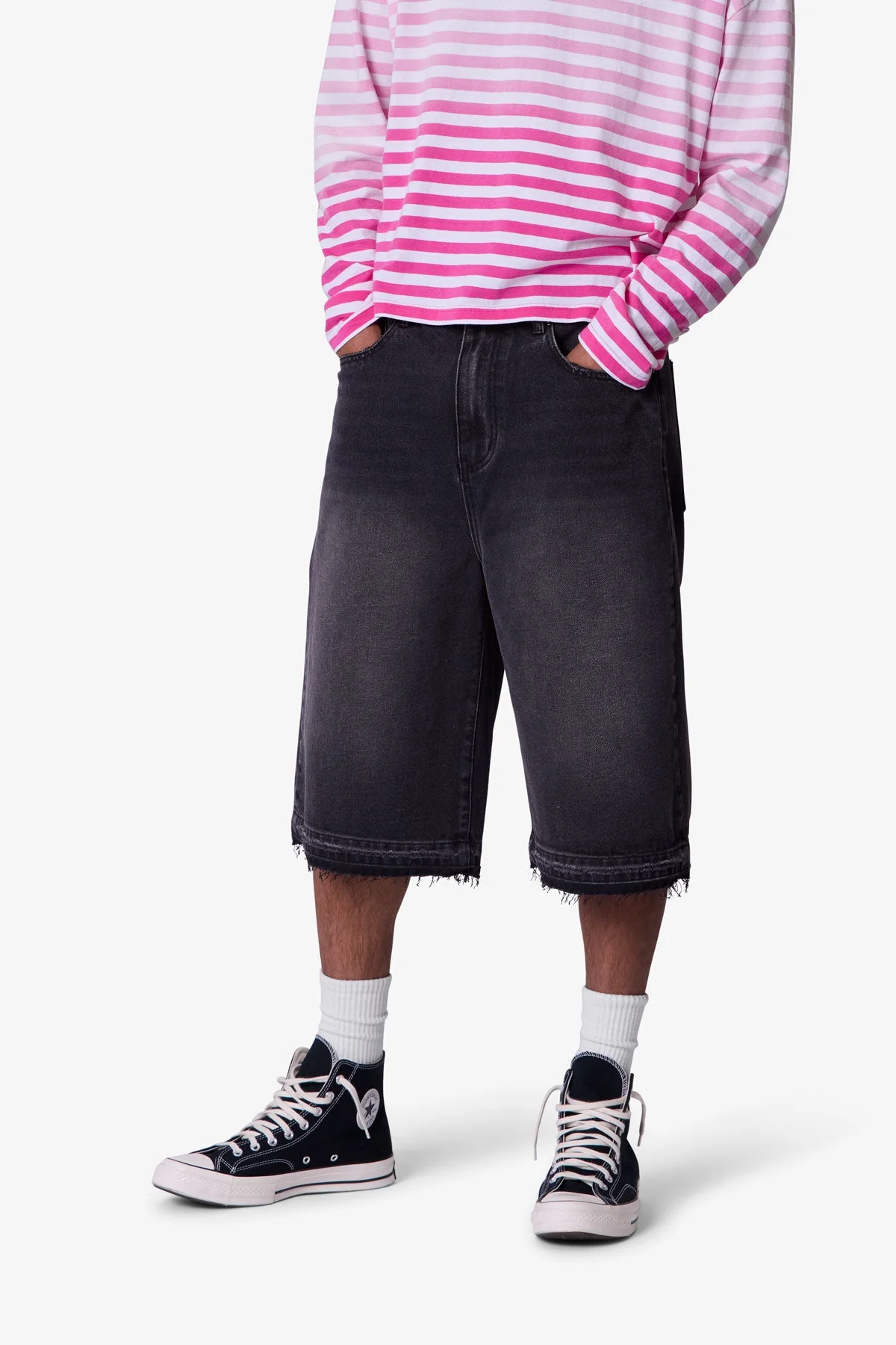 Ultra Baggy Raw Hem Denim Shorts - Washed Black