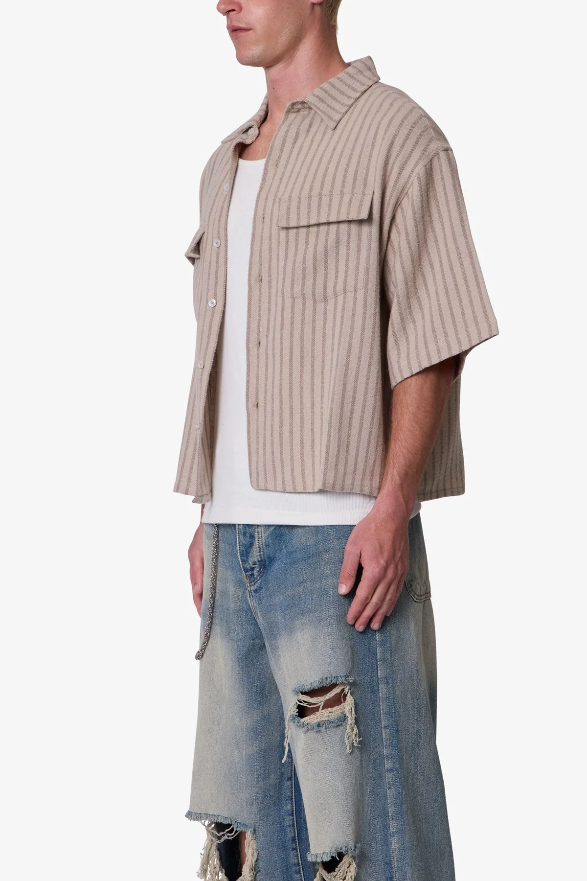 Cropped Boxy Striped S/S Shirt - Khaki