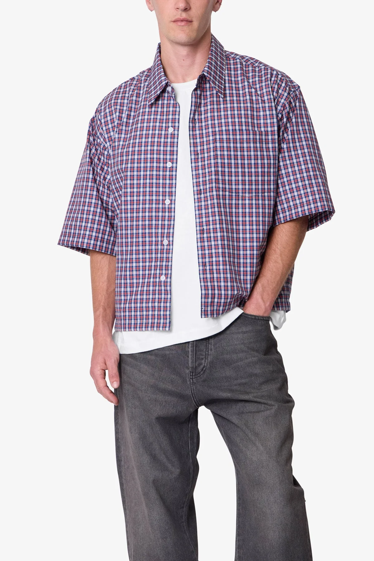 Crispy Poplin Over Shirt - Red/Blue
