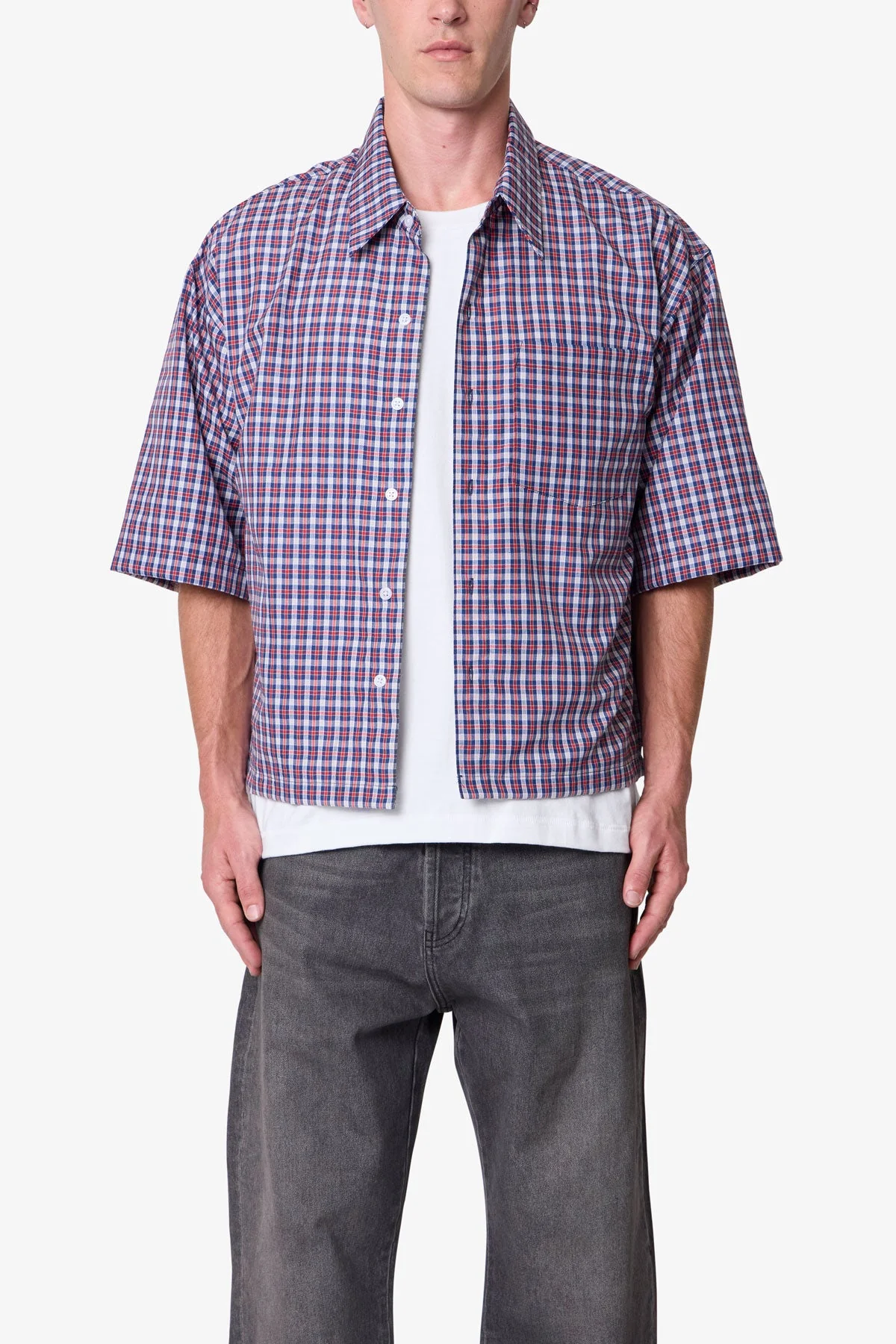 Crispy Poplin Over Shirt - Red/Blue